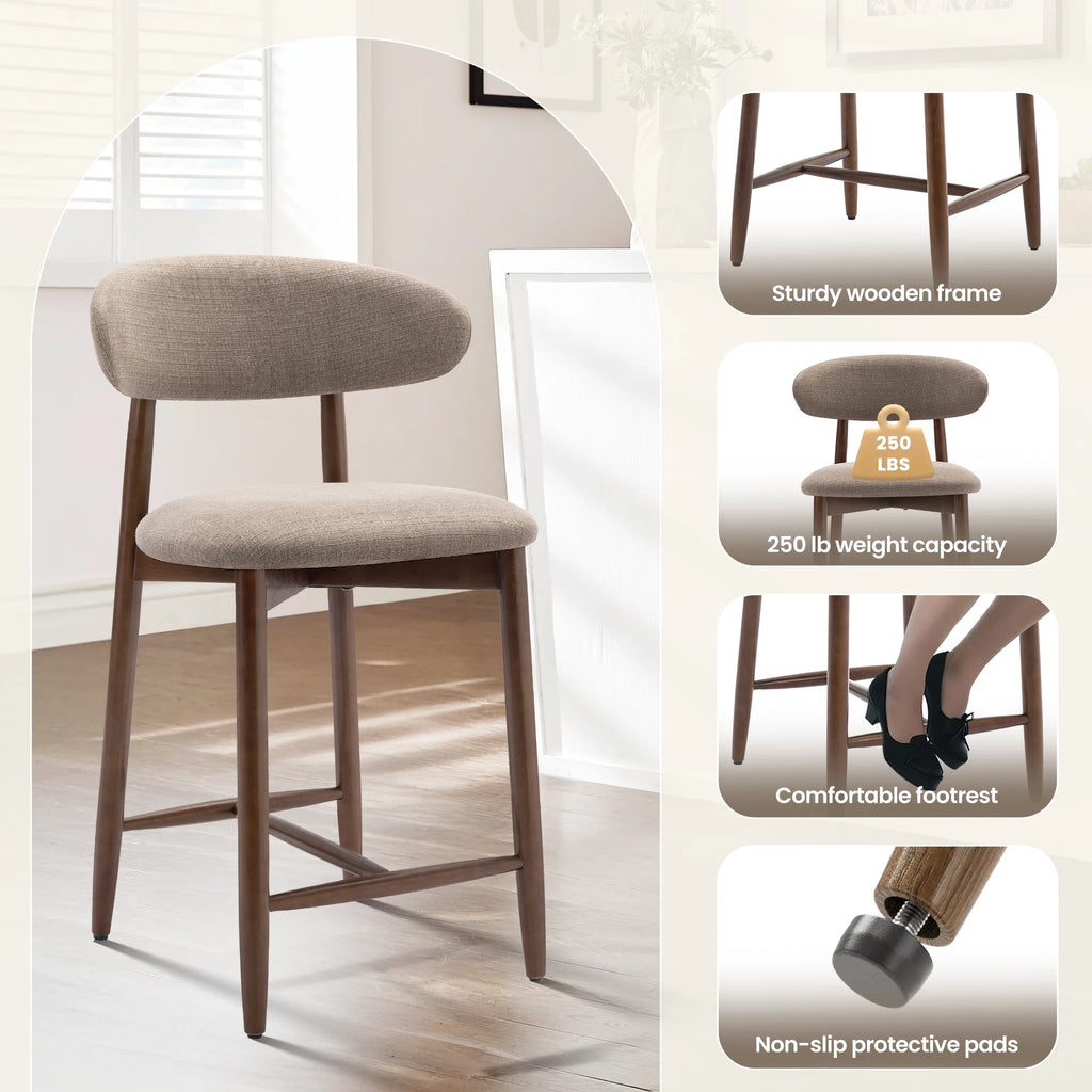 AFO Upholstered Counter Height Bar Stool - Ergonomic Back & Wooden Base