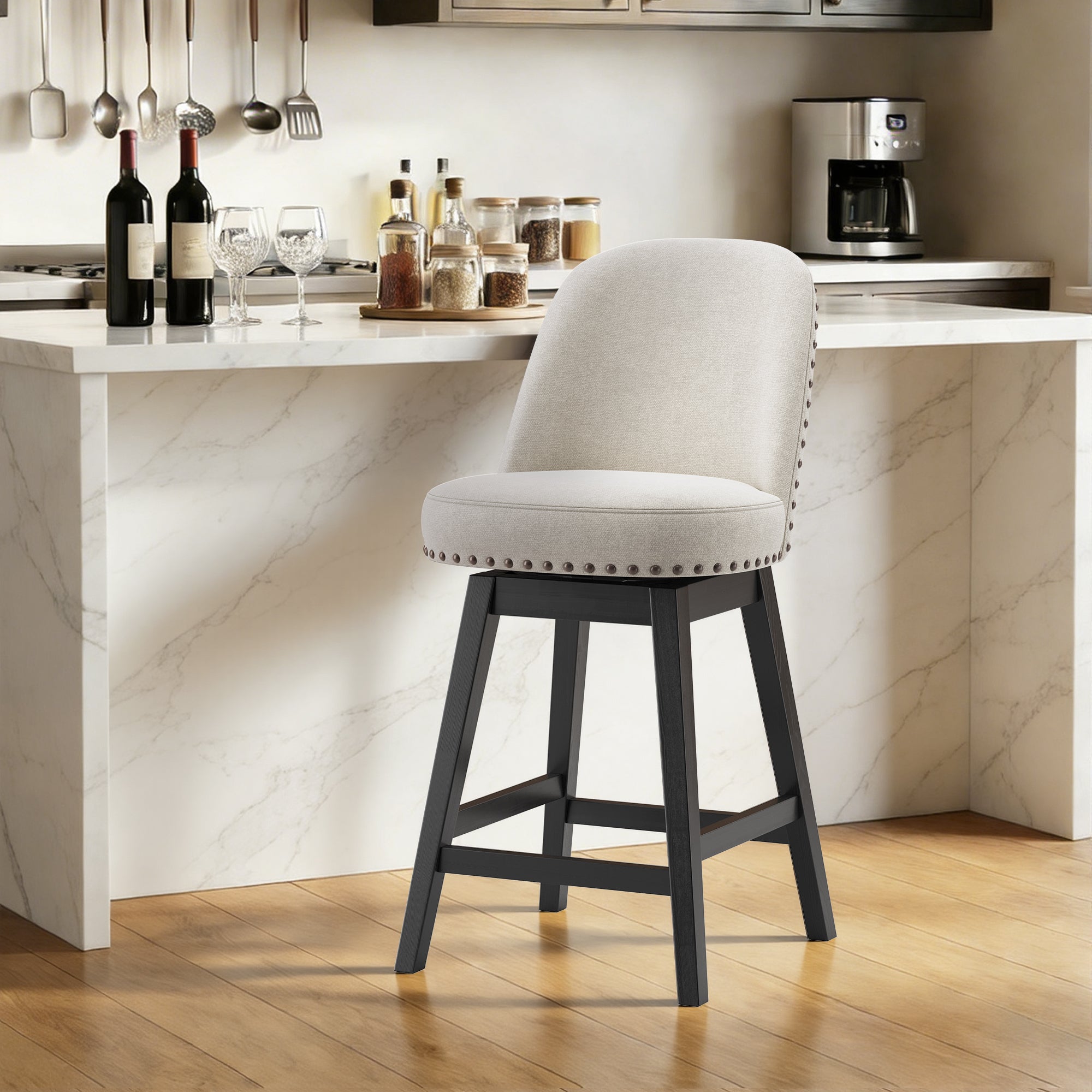 AFO 26" Upholstered Swivel Counter Height Bar Stools, Modern Bar Chairs with Solid Wood Frame, Suitable for 35"-39" Table, For Kitchen Island Dining Room Pub Restaurant