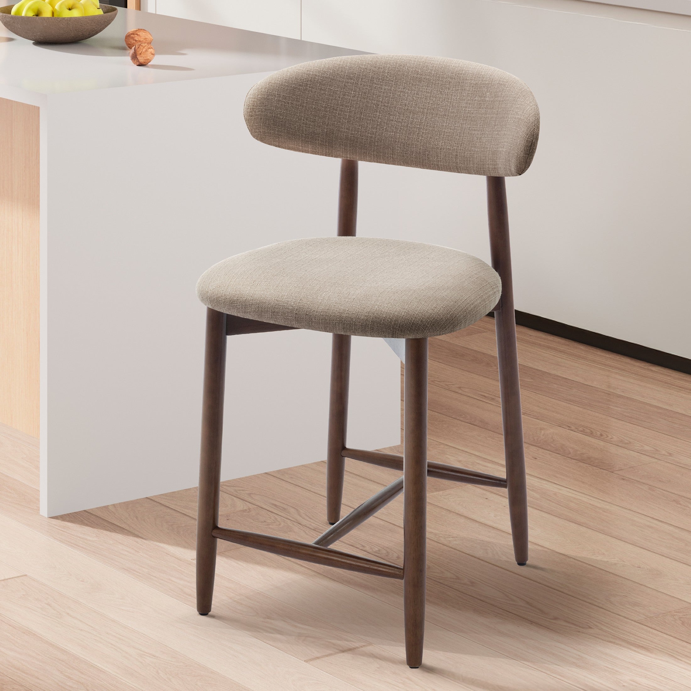 AFO 26" Counter Height Bar Stools, Kitchen Bar Stools With Curved Back & Wood Legs, Mid Century Modern Upholstered, For Kitchen Island Dining Room
