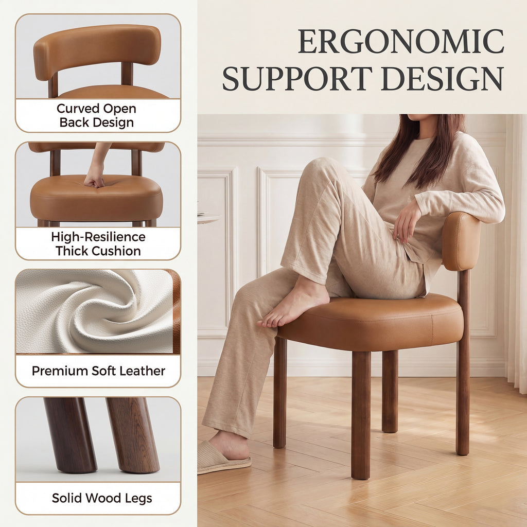 AFO Modern Upholstered Dining Chair, Faux Leather Seat with Solid Wood Legs and Ergonomic Back