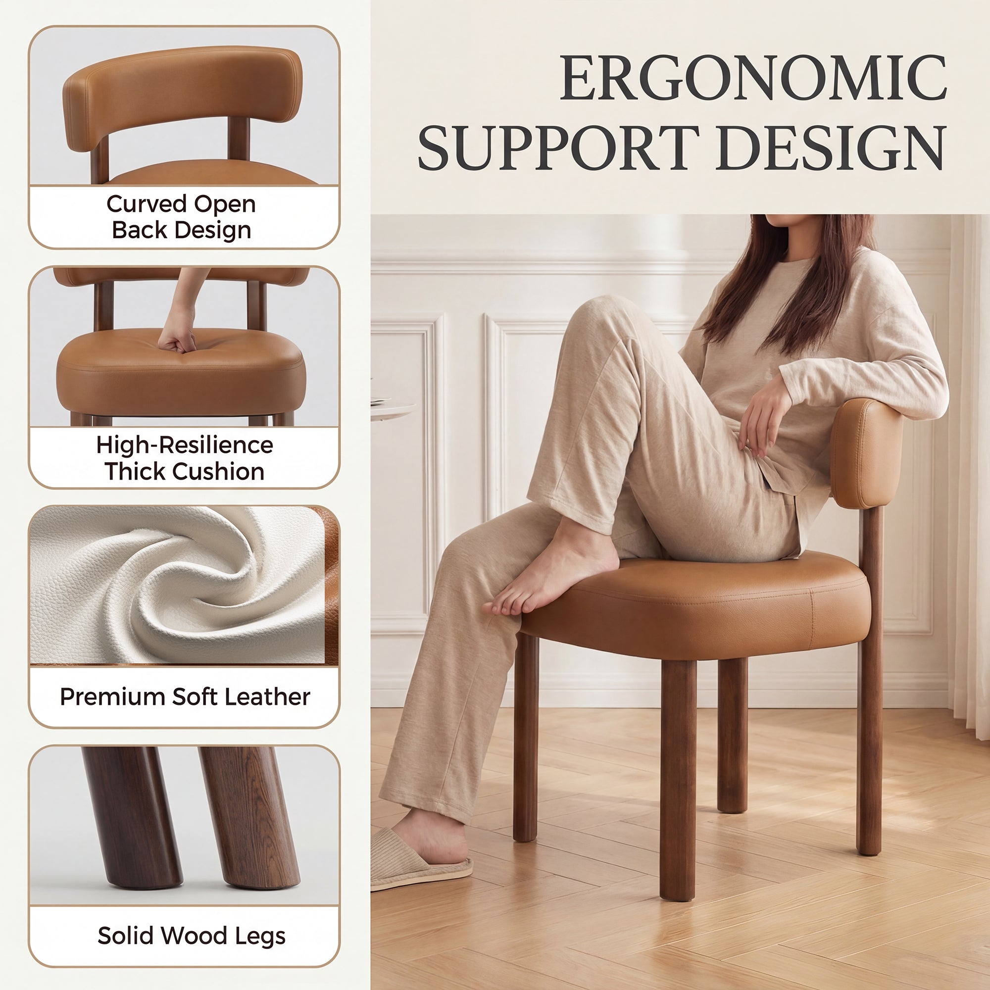 AFO Modern Upholstered Dining Chair, Faux Leather Seat with Solid Wood Legs and Ergonomic Back