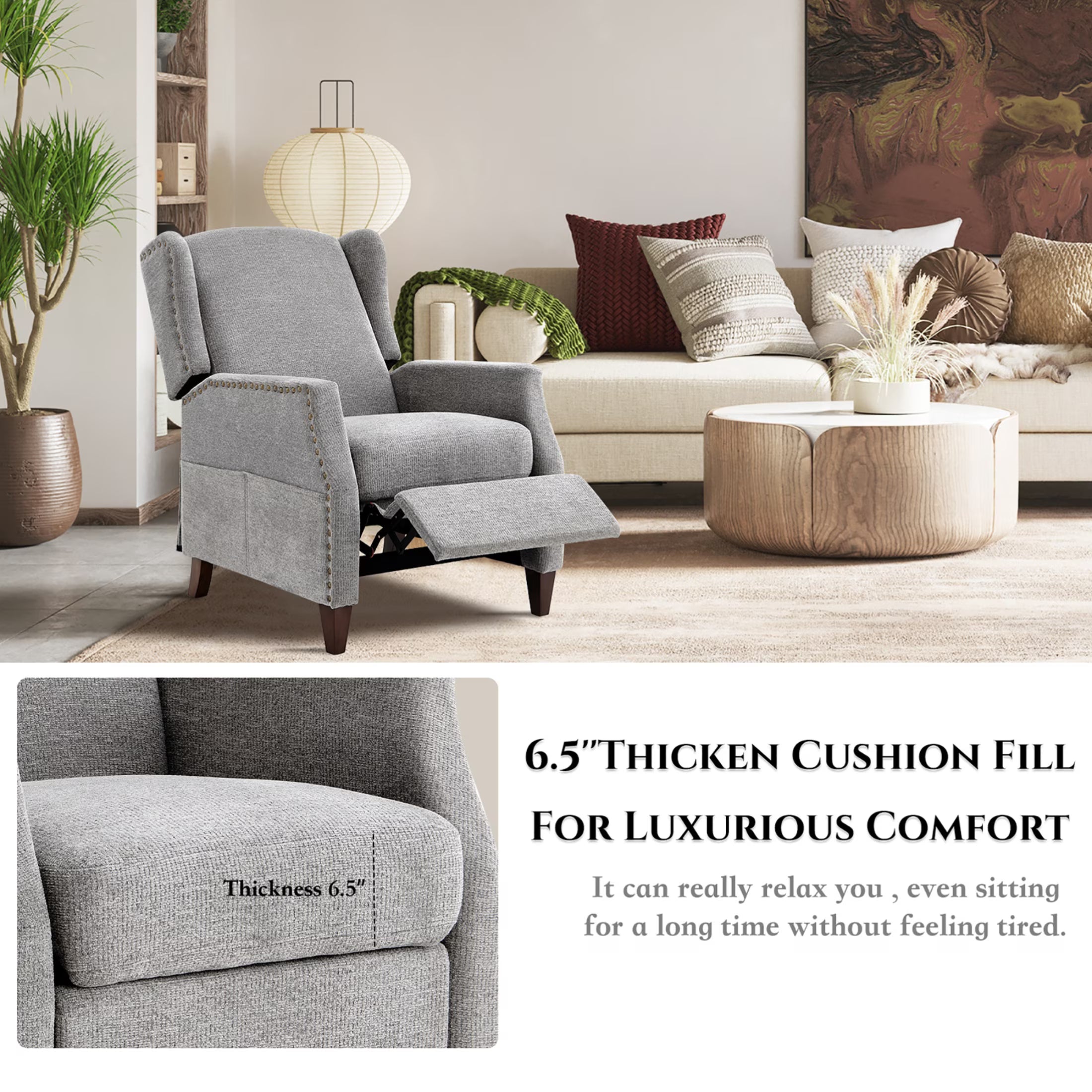 AFO Push-Back Recliner with Side Pockets, Solid Wood Ergonomic Armchair for Living Room and Bedroom