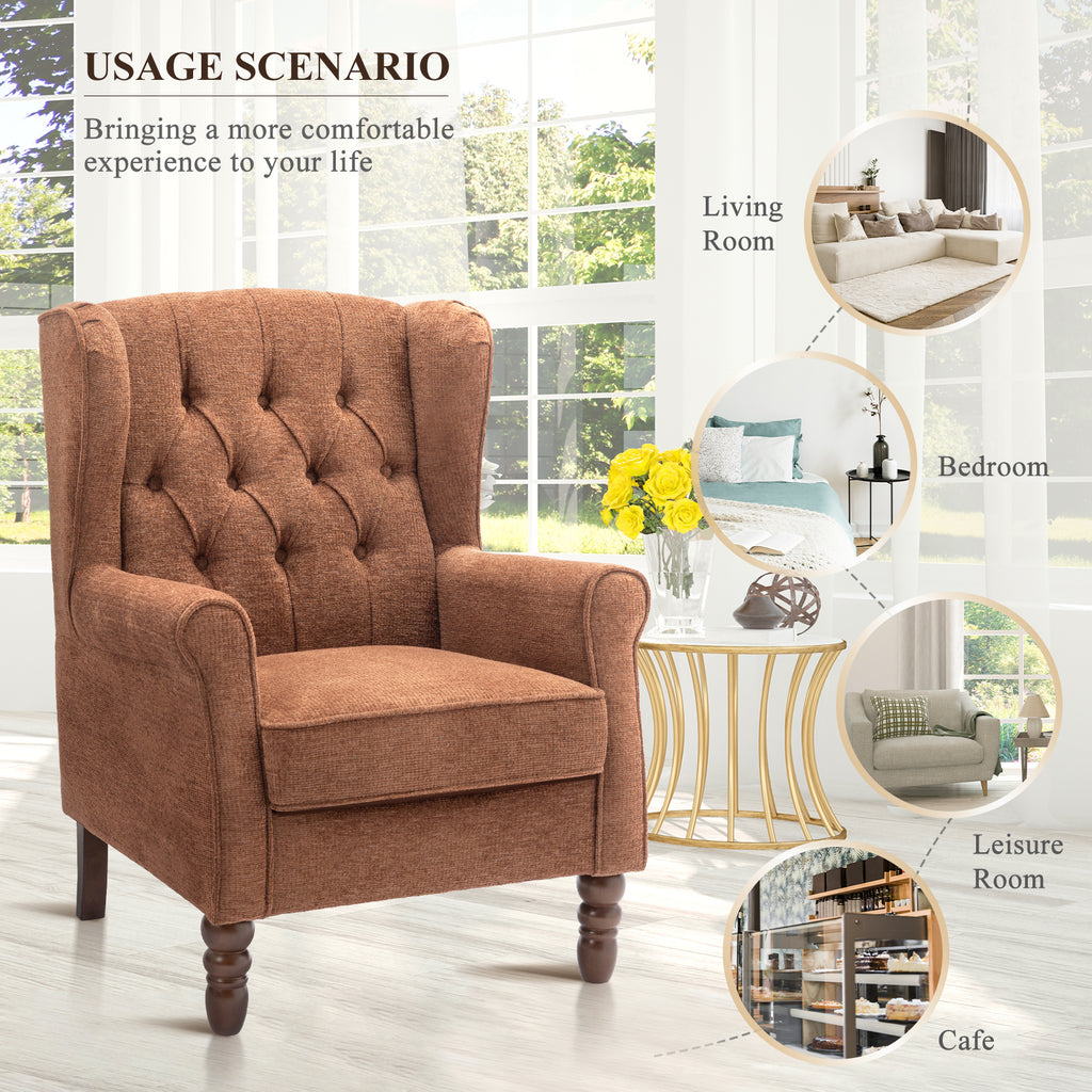 AFO Button-Tufted Wingback Accent Chair, Modern Mid-Century Armchair with Thick Padded Seat, Rolled Arm & Solid Wood Legs, For Bedroom/Office/Living Room