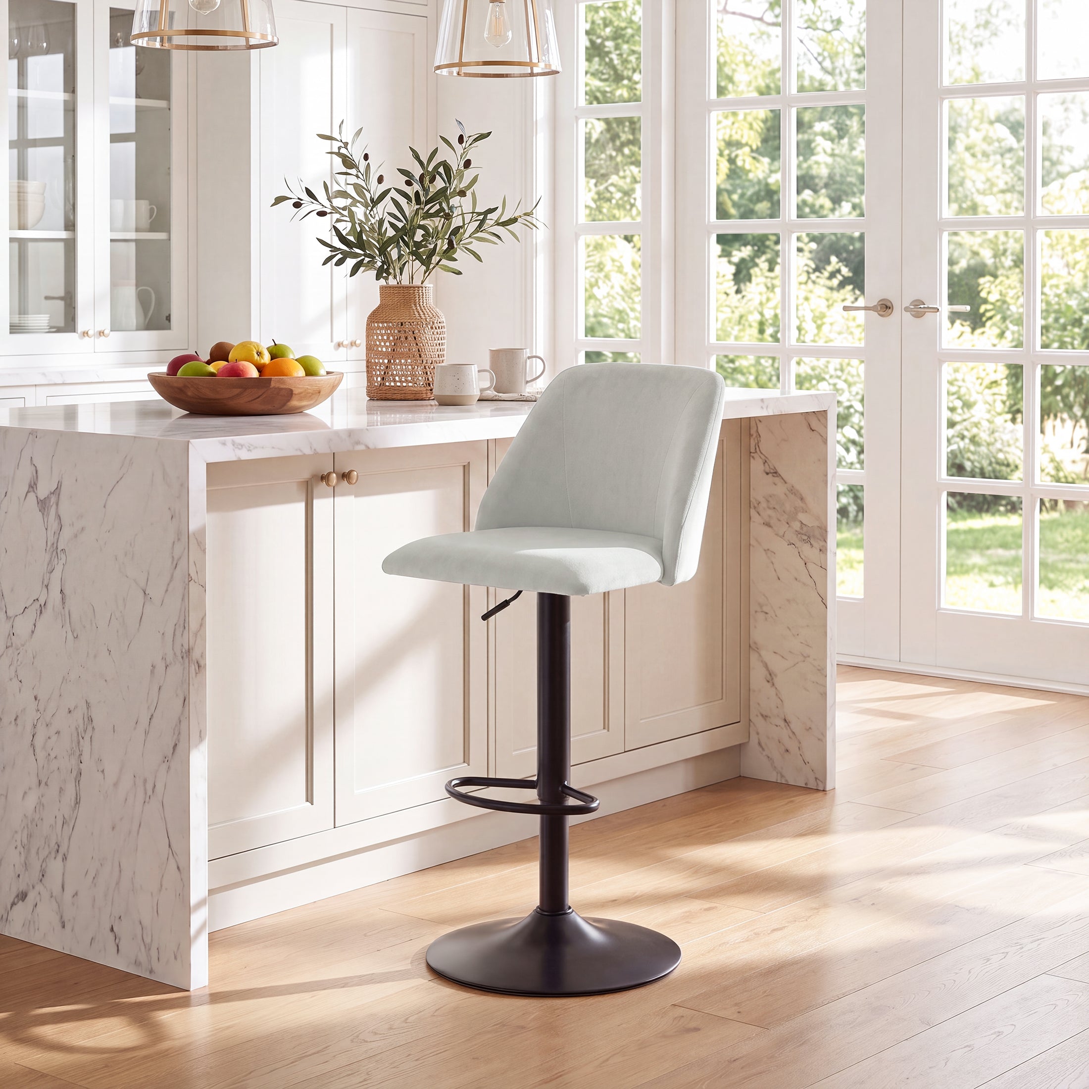 AFO Swivel Counter Height Bar Stools, Fabric Adjustable Upholstered Bar Chairs with Full Backrest, Modern Barstools for Kitchen Island, Dining Room, Café and Home Bar