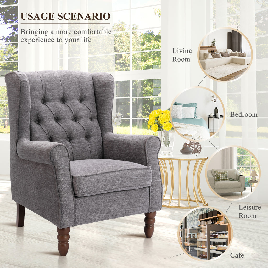 AFO Button-Tufted Wingback Accent Chair, Modern Mid-Century Armchair with Thick Padded Seat, Rolled Arm & Solid Wood Legs, For Bedroom/Office/Living Room