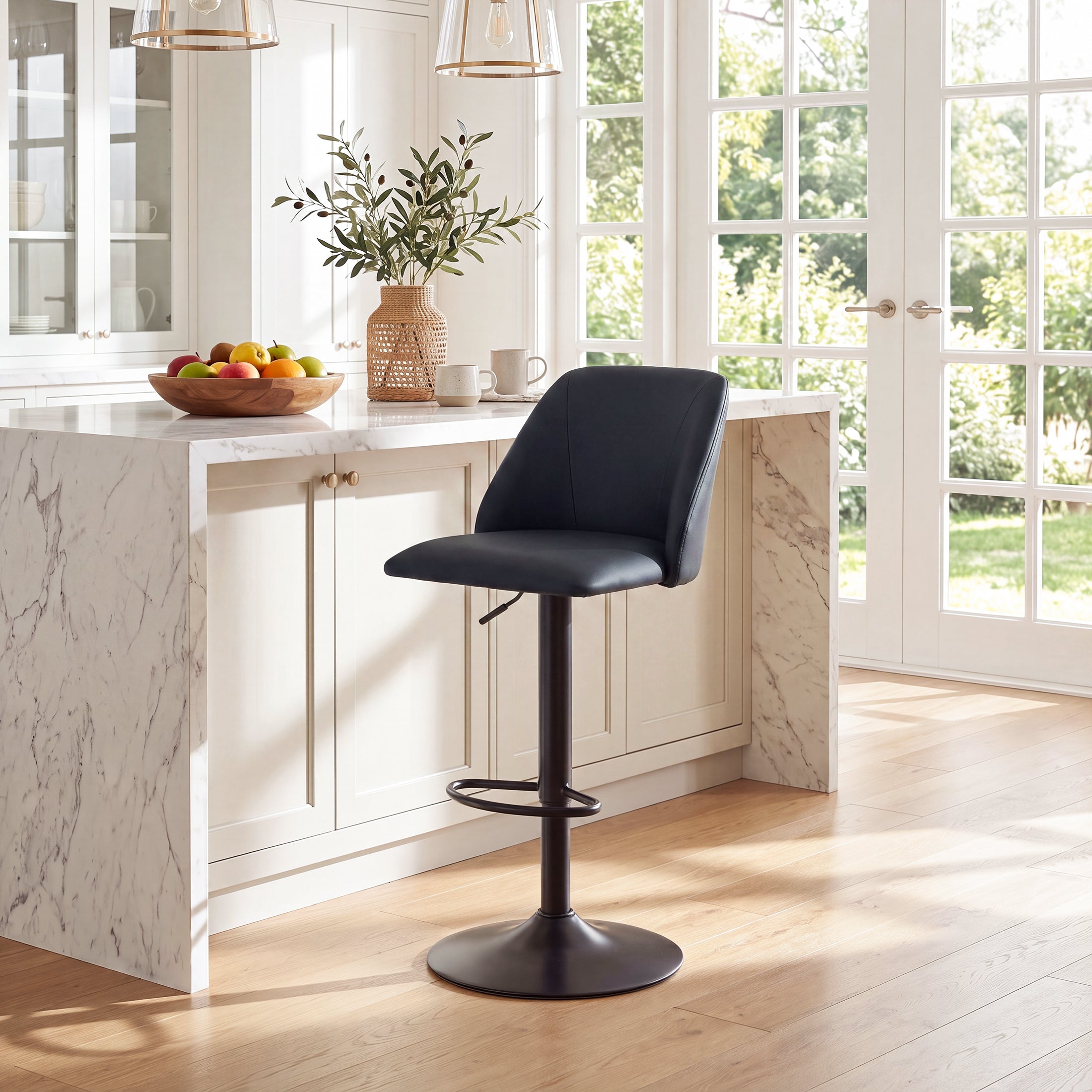 AFO Swivel Counter Height Bar Stools, Fabric Adjustable Upholstered Bar Chairs with Full Backrest, Modern Barstools for Kitchen Island, Dining Room, Café and Home Bar