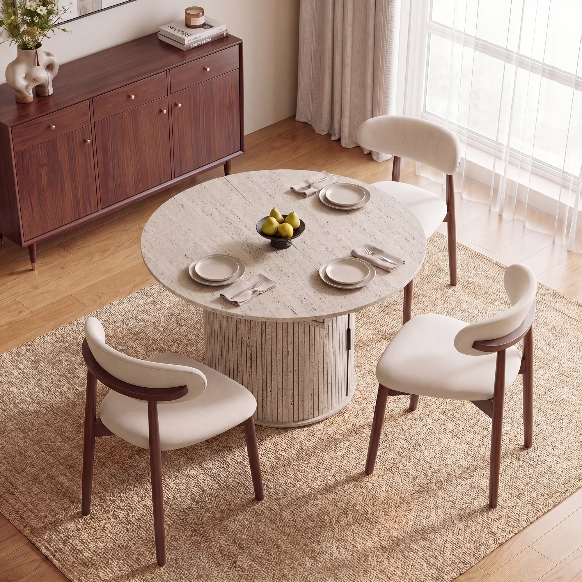 AFO Expandable Dining Table Set, Round to Oval Wood Kitchen Table with Storage Cabinet and Chairs for Small Spaces