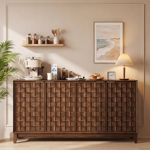 AFO 59" Fluted Sideboard Buffet Cabinet with Storage, Modern Wood Buffet Table with 4 3D-Checkerboard Doors & Adjustable Shelves, Mid-Century Bar Cabinet for Kitchen Living Room Bedroom