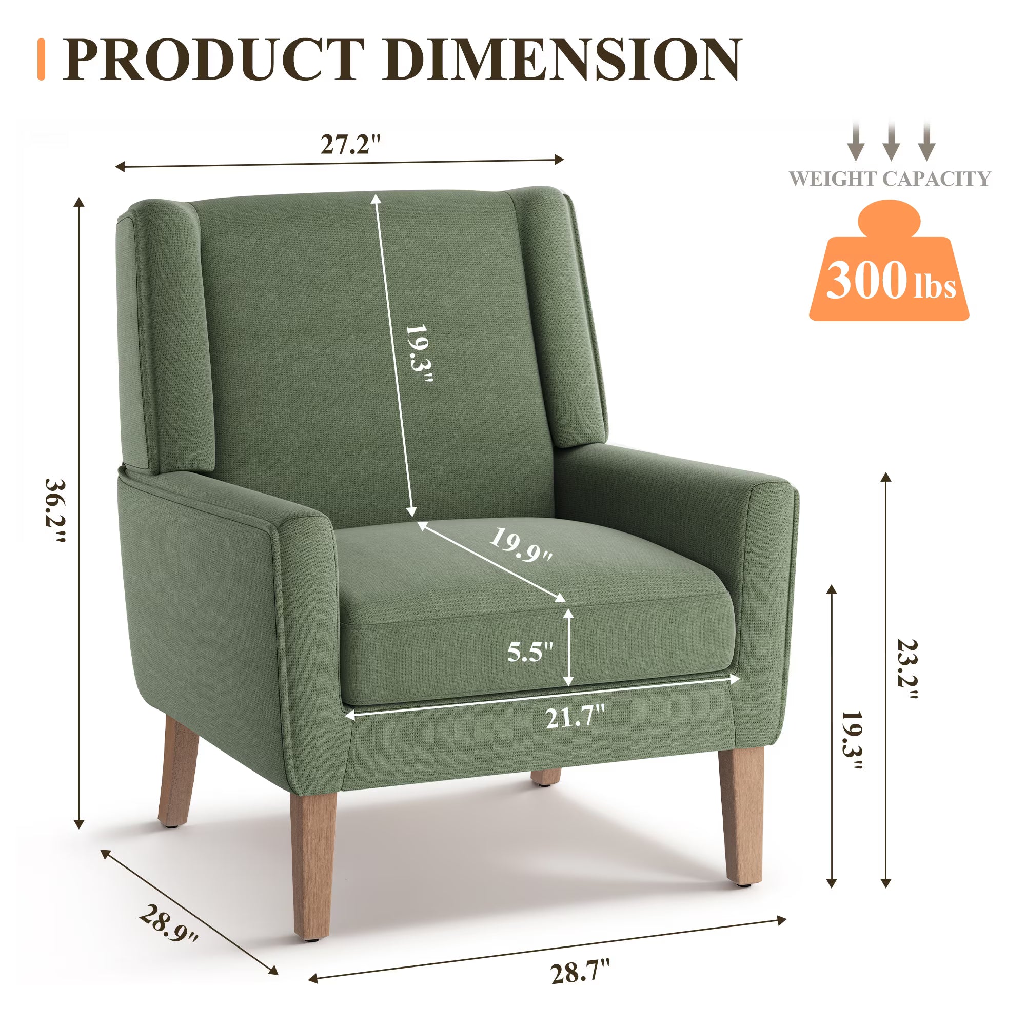 AFO Modern Accent Chair, High Back Upholstered Fabric Armchair with Wood Legs, Mid-Century Wingback Chair for Living Room Bedroom