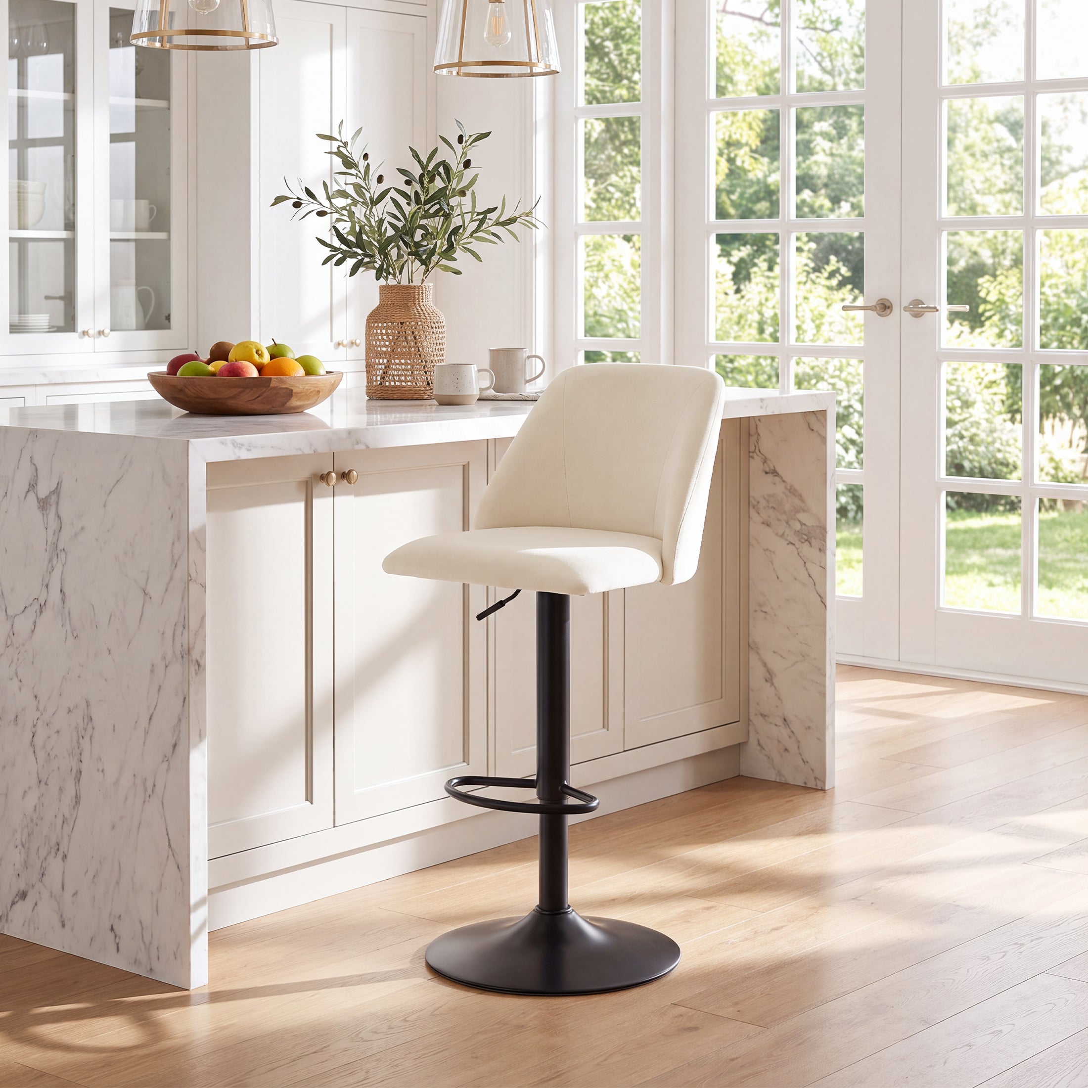 AFO Swivel Counter Height Bar Stools, Fabric Adjustable Upholstered Bar Chairs with Full Backrest, Modern Barstools for Kitchen Island, Dining Room, Café and Home Bar
