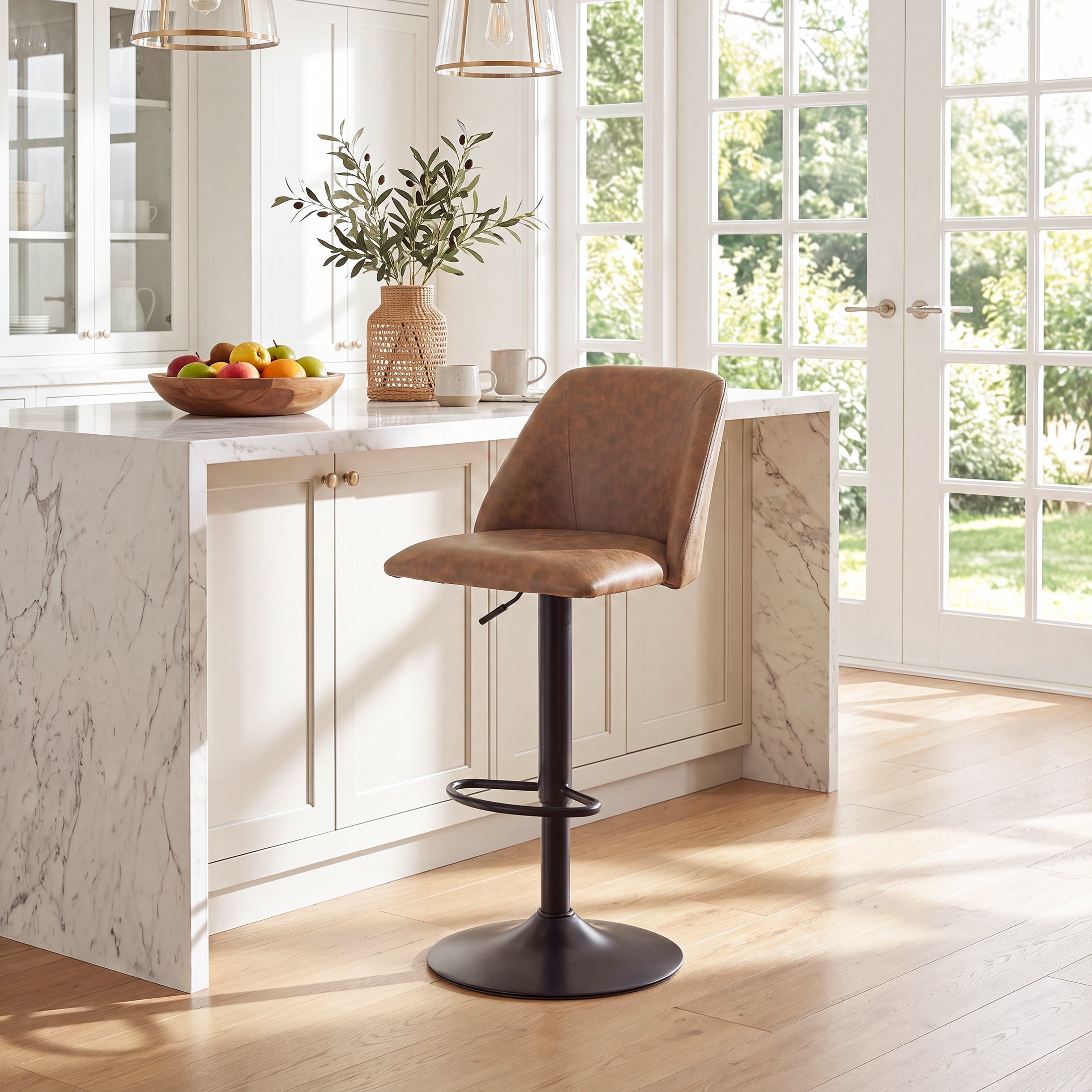 AFO Swivel Counter Height Bar Stools, Fabric Adjustable Upholstered Bar Chairs with Full Backrest, Modern Barstools for Kitchen Island, Dining Room, Café and Home Bar