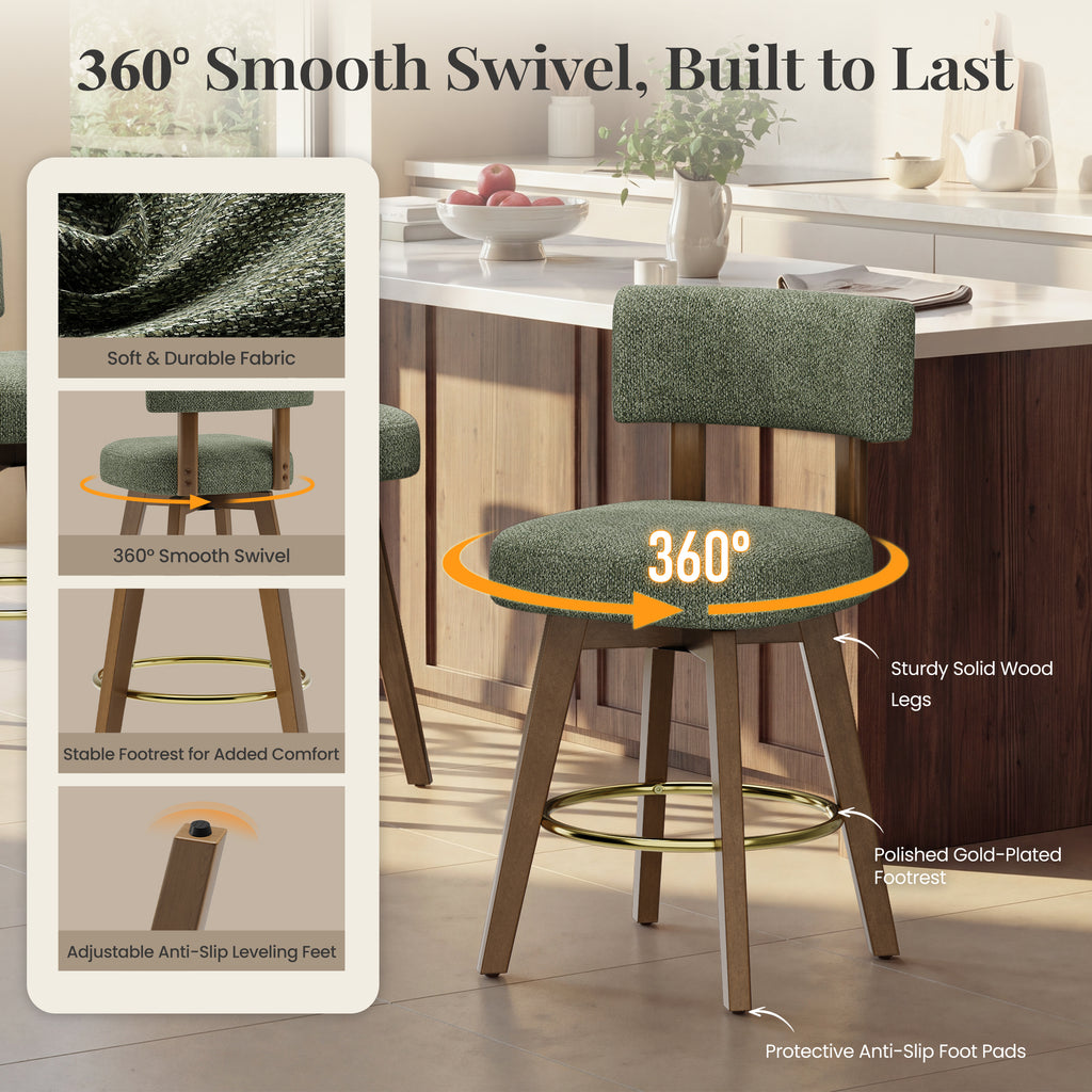 AFO Modern Swivel Bar Stools, Upholstered Counter Height Bar Stools with Solid Wood Frame & Gold-Plated Footrest, Mid-Century Bar Chairs with Back for Kitchen Island