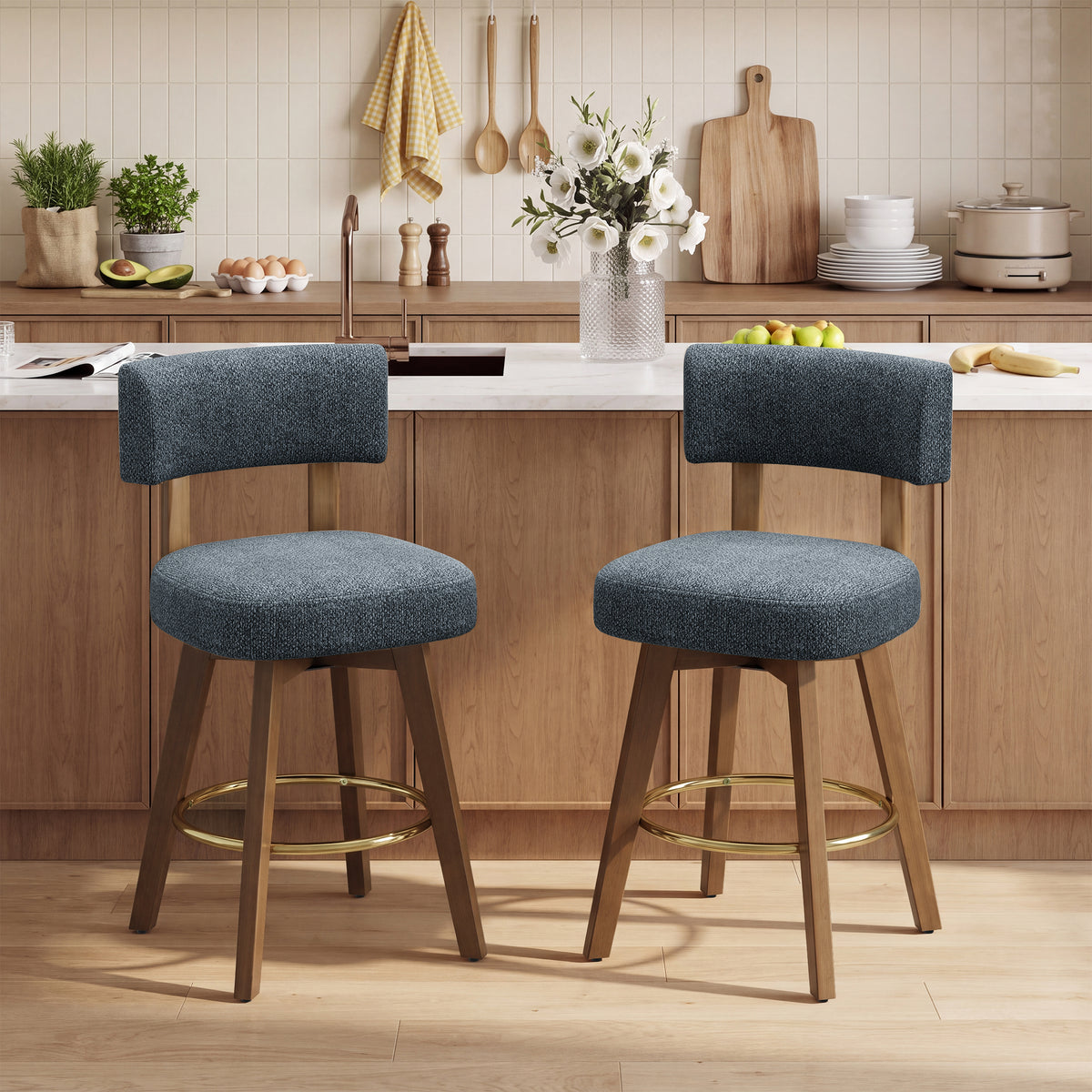 AFO Modern Swivel Bar Stools, Upholstered Counter Height Bar Stools with Solid Wood Frame & Gold-Plated Footrest, Mid-Century Bar Chairs with Back for Kitchen Island