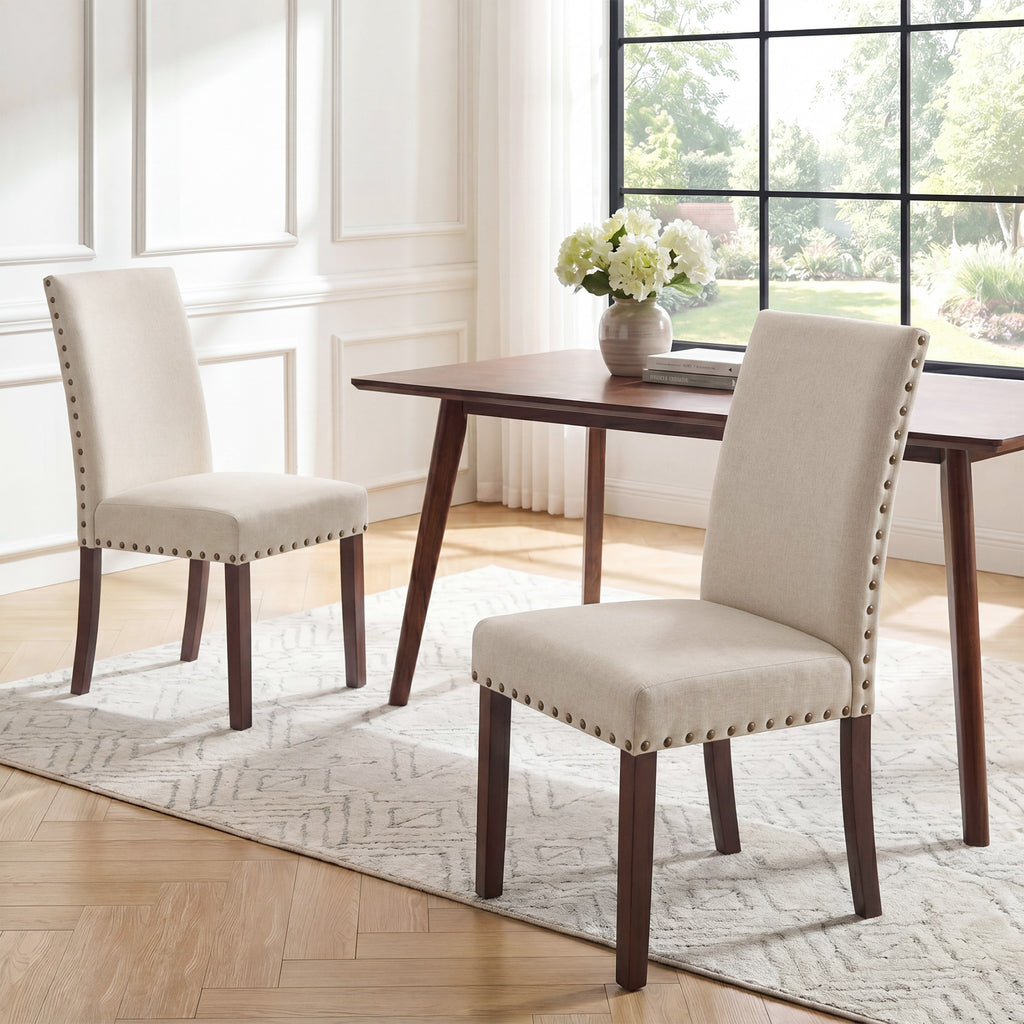 AFO Mid-Century Dining Chairs with Rivet Trim & Solid Wood Legs, Upholstered Kitchen Side Chairs with High Back Seat, For Dining Room, Kitchen and Café