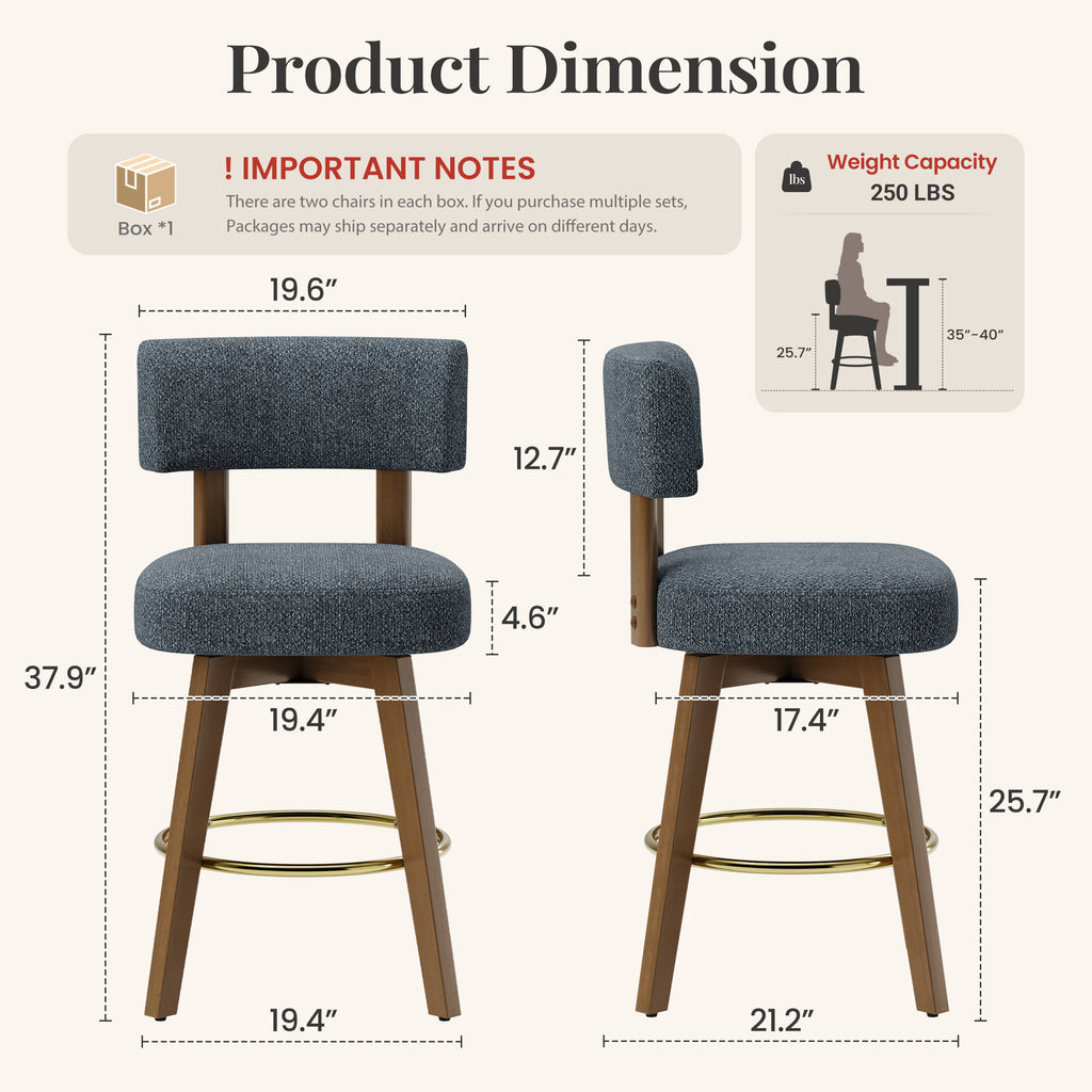 AFO Modern Swivel Bar Stools, Upholstered Counter Height Bar Stools with Solid Wood Frame & Gold-Plated Footrest, Mid-Century Bar Chairs with Back for Kitchen Island