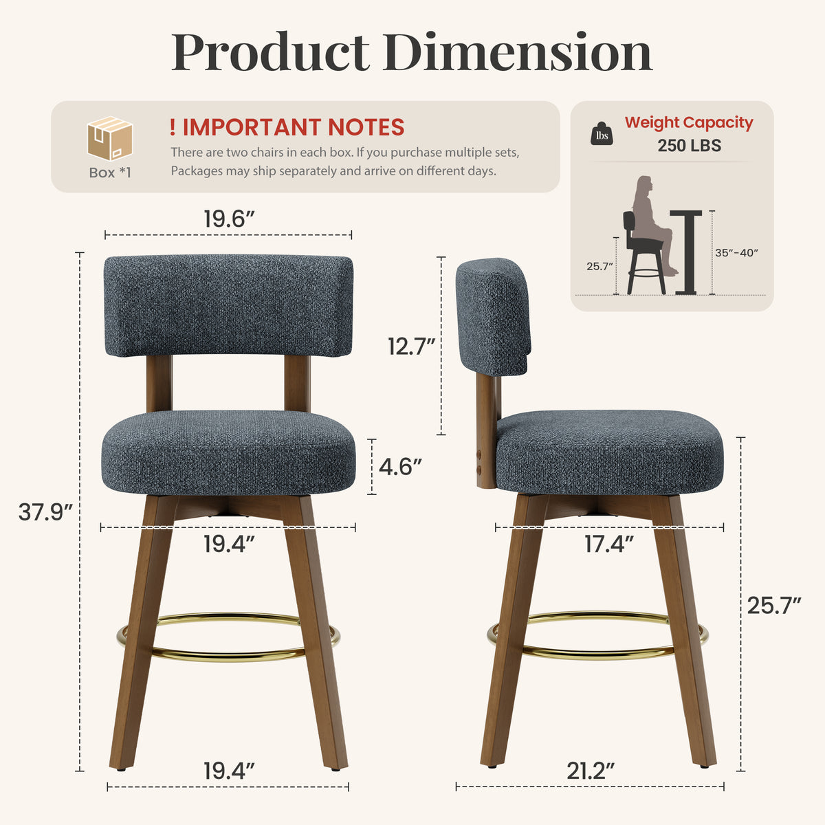 AFO Modern Swivel Bar Stools, Upholstered Counter Height Bar Stools with Solid Wood Frame & Gold-Plated Footrest, Mid-Century Bar Chairs with Back for Kitchen Island