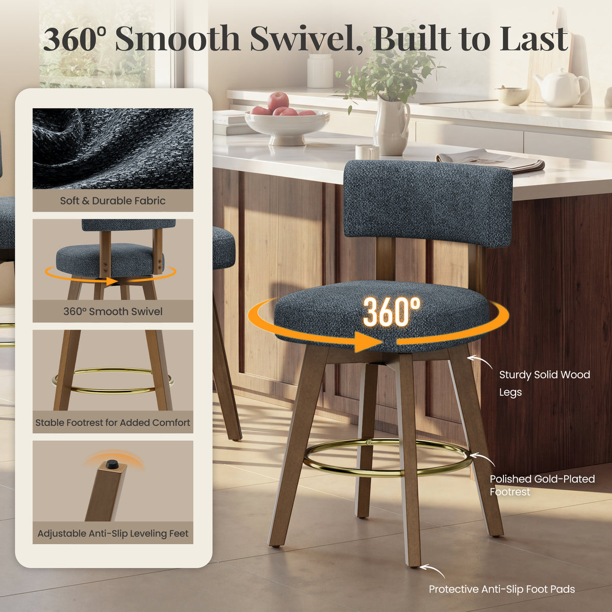 AFO Modern Swivel Bar Stools, Upholstered Counter Height Bar Stools with Solid Wood Frame & Gold-Plated Footrest, Mid-Century Bar Chairs with Back for Kitchen Island