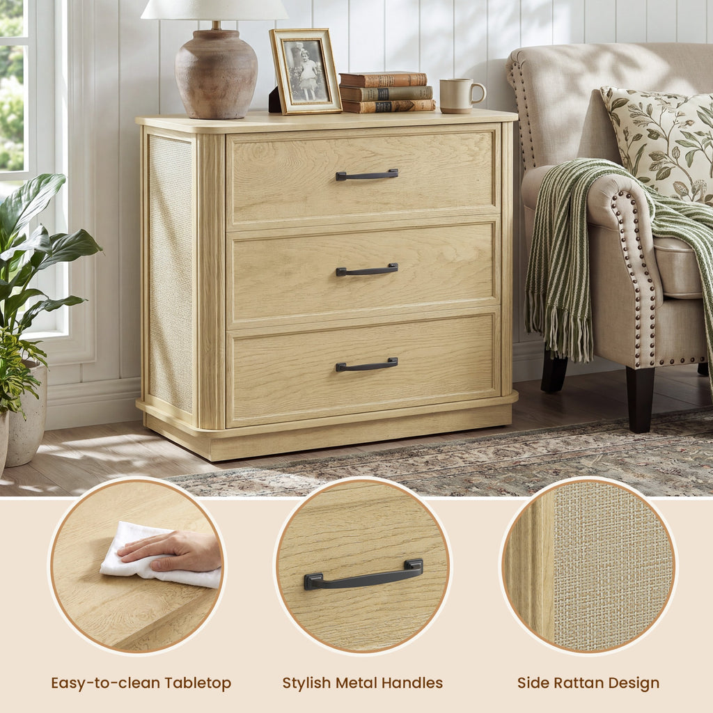 AFO 31.5" W 3-Drawer Nightstand with Oversized Large Storage, Modern Night Stands Bedside Table with Stylish Metal Handles, Wood End Table for Bedroom, Living Room