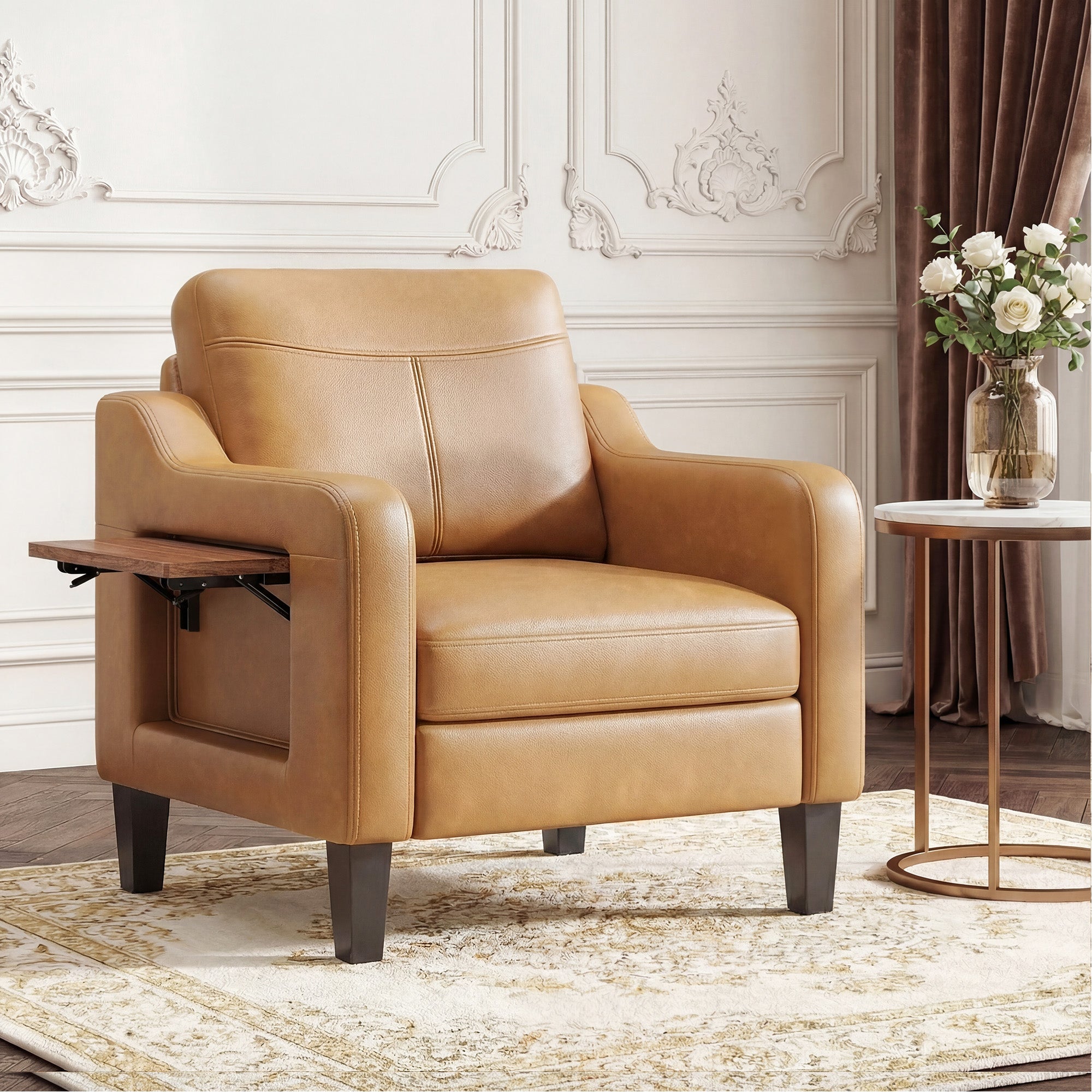 AFO Modern Upholstered Armchair, Accent Chair w/ 2 Side Pockets & Foldable Table