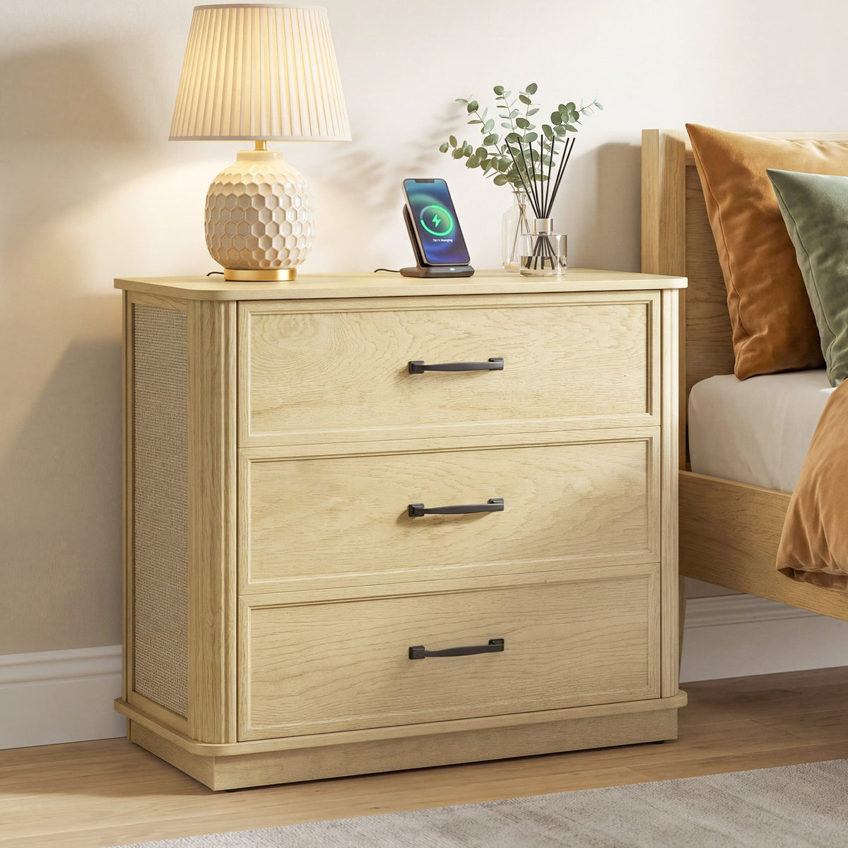 AFO 31.5" W 3-Drawer Nightstand with Oversized Large Storage, Modern Night Stands Bedside Table with Stylish Metal Handles, Wood End Table for Bedroom, Living Room