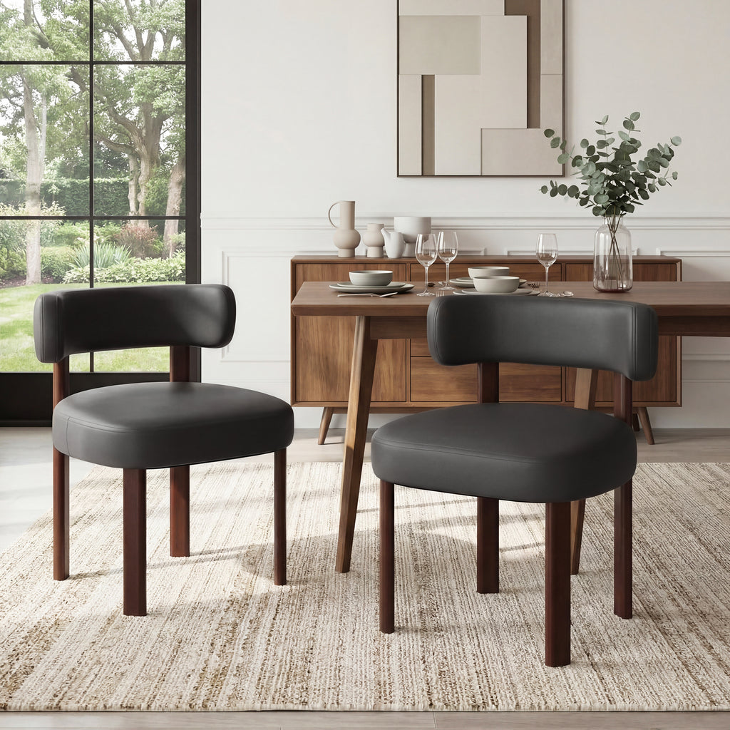 AFO Modern Upholstered Dining Chair, Faux Leather Seat with Solid Wood Legs and Ergonomic Back