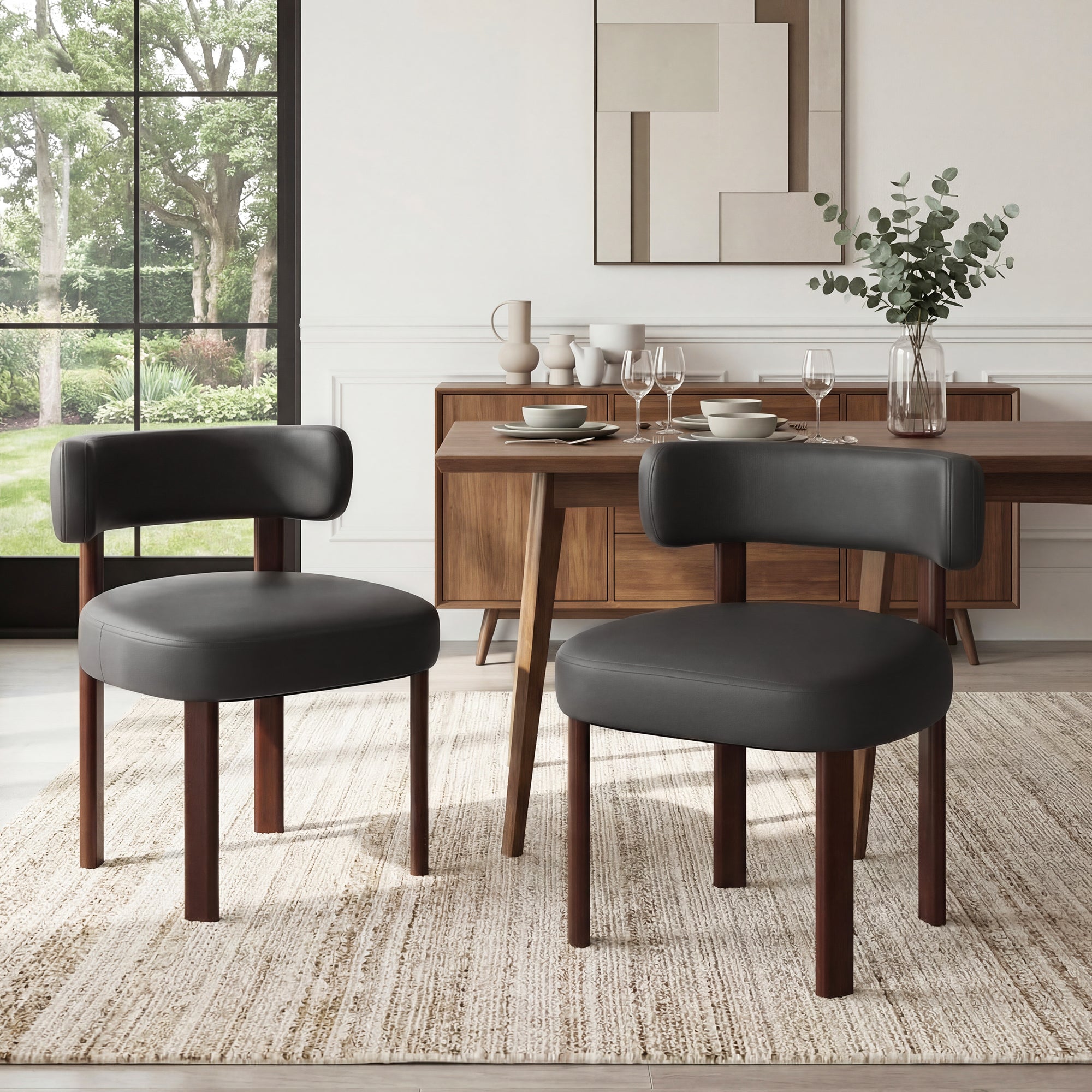 AFO Modern Upholstered Dining Chair, Faux Leather Seat with Solid Wood Legs and Ergonomic Back