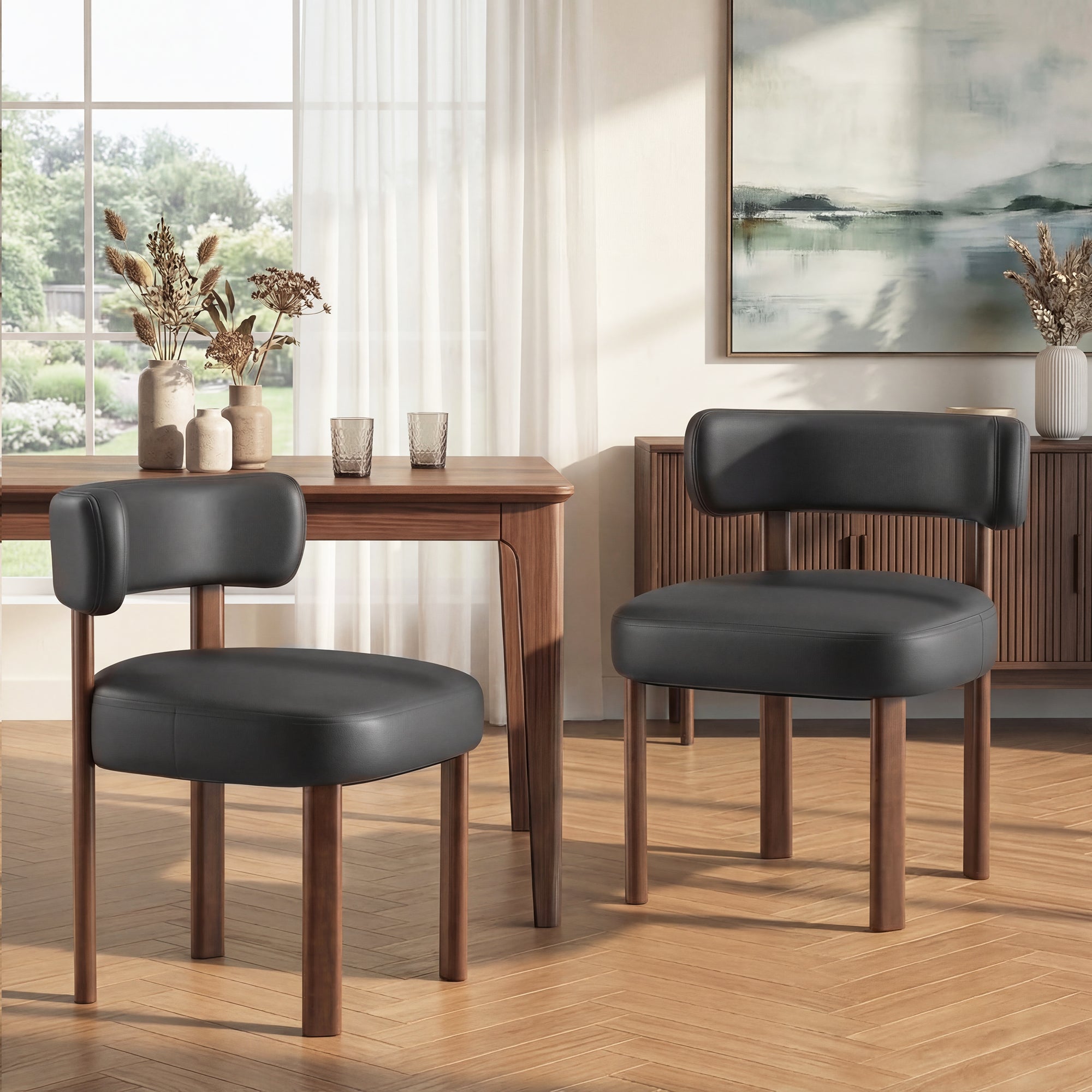 AFO Modern Upholstered Dining Chair, Faux Leather Seat with Solid Wood Legs and Ergonomic Back
