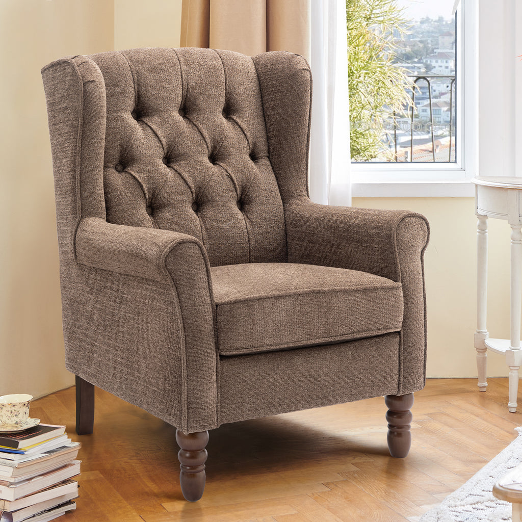 AFO Button-Tufted Wingback Accent Chair, Modern Mid-Century Armchair with Thick Padded Seat, Rolled Arm & Solid Wood Legs, For Bedroom/Office/Living Room