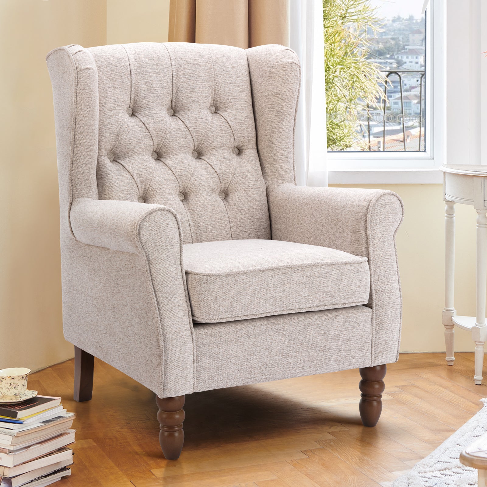AFO Button-Tufted Wingback Accent Chair, Modern Mid-Century Armchair with Thick Padded Seat, Rolled Arm & Solid Wood Legs, For Bedroom/Office/Living Room