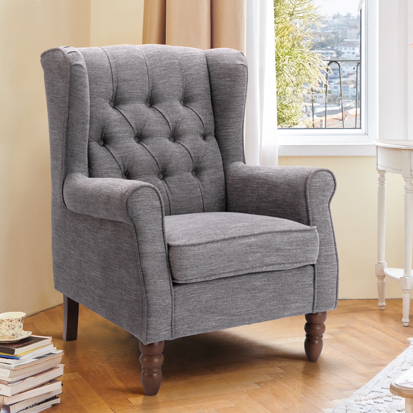 AFO Button-Tufted Wingback Accent Chair, Modern Mid-Century Armchair with Thick Padded Seat, Rolled Arm & Solid Wood Legs, For Bedroom/Office/Living Room