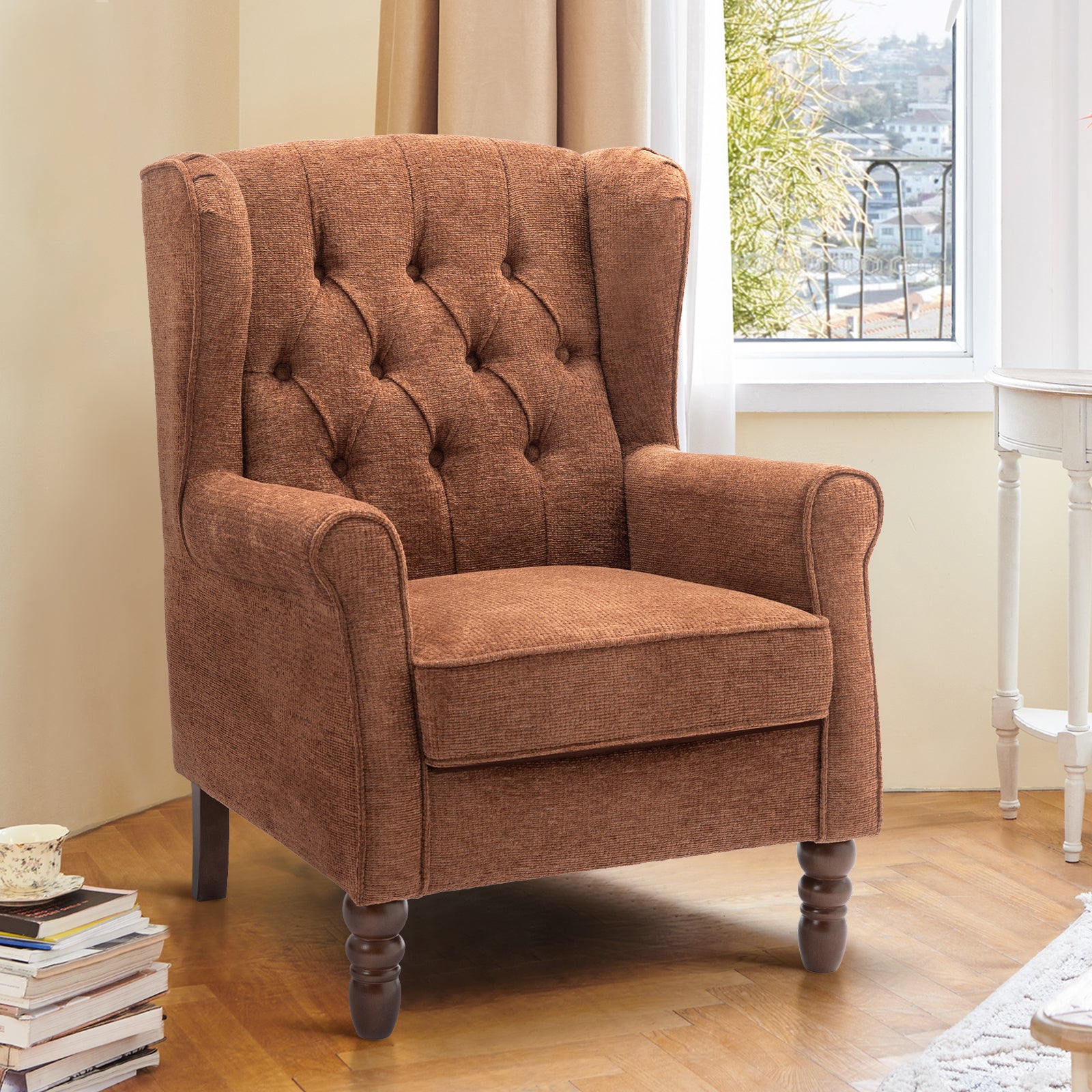 AFO Button-Tufted Wingback Accent Chair, Modern Mid-Century Armchair with Thick Padded Seat, Rolled Arm & Solid Wood Legs, For Bedroom/Office/Living Room