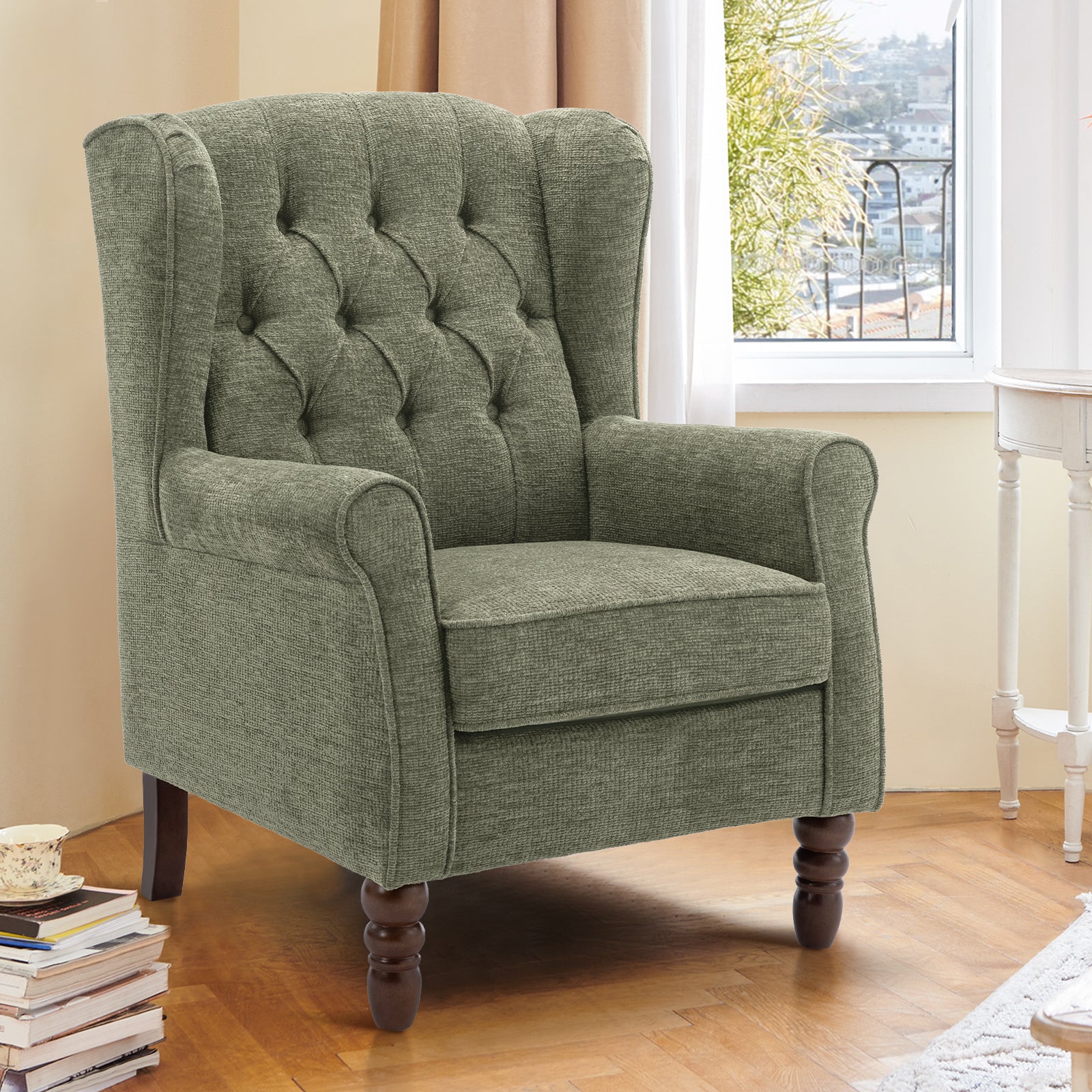 AFO Button-Tufted Wingback Accent Chair, Modern Mid-Century Armchair with Thick Padded Seat, Rolled Arm & Solid Wood Legs, For Bedroom/Office/Living Room