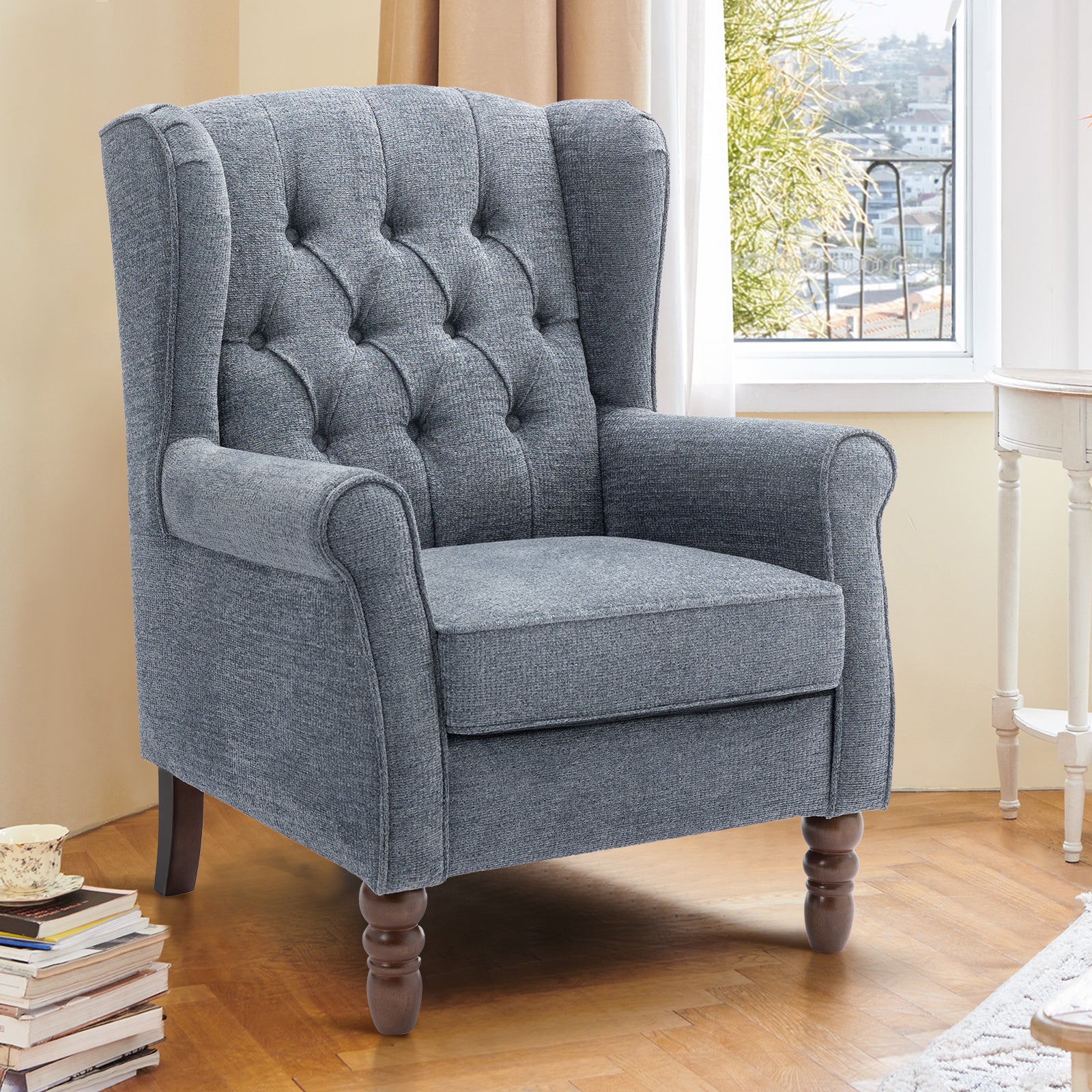 AFO Button-Tufted Wingback Accent Chair, Modern Mid-Century Armchair with Thick Padded Seat, Rolled Arm & Solid Wood Legs, For Bedroom/Office/Living Room