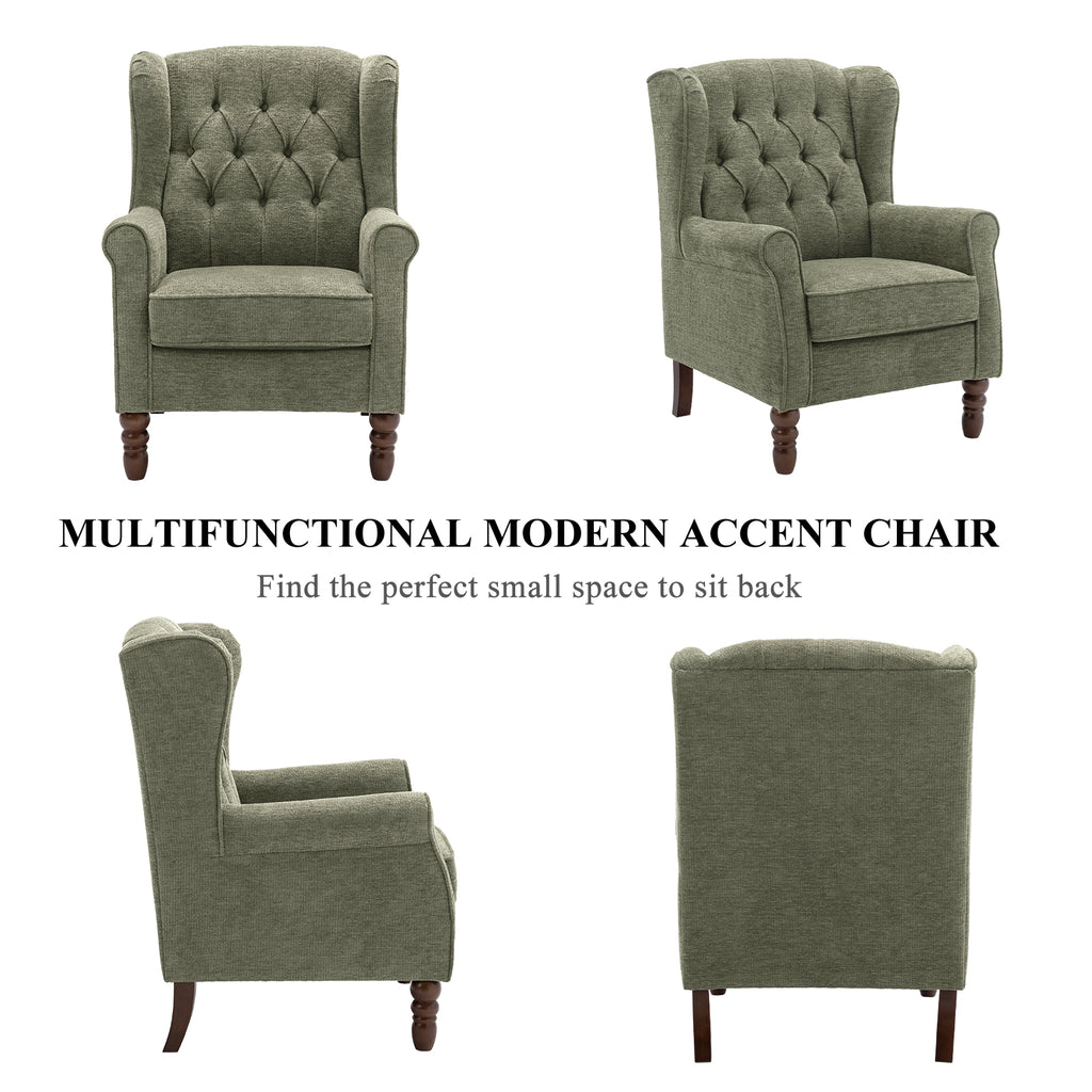 AFO Button-Tufted Wingback Accent Chair, Modern Mid-Century Armchair with Thick Padded Seat, Rolled Arm & Solid Wood Legs, For Bedroom/Office/Living Room