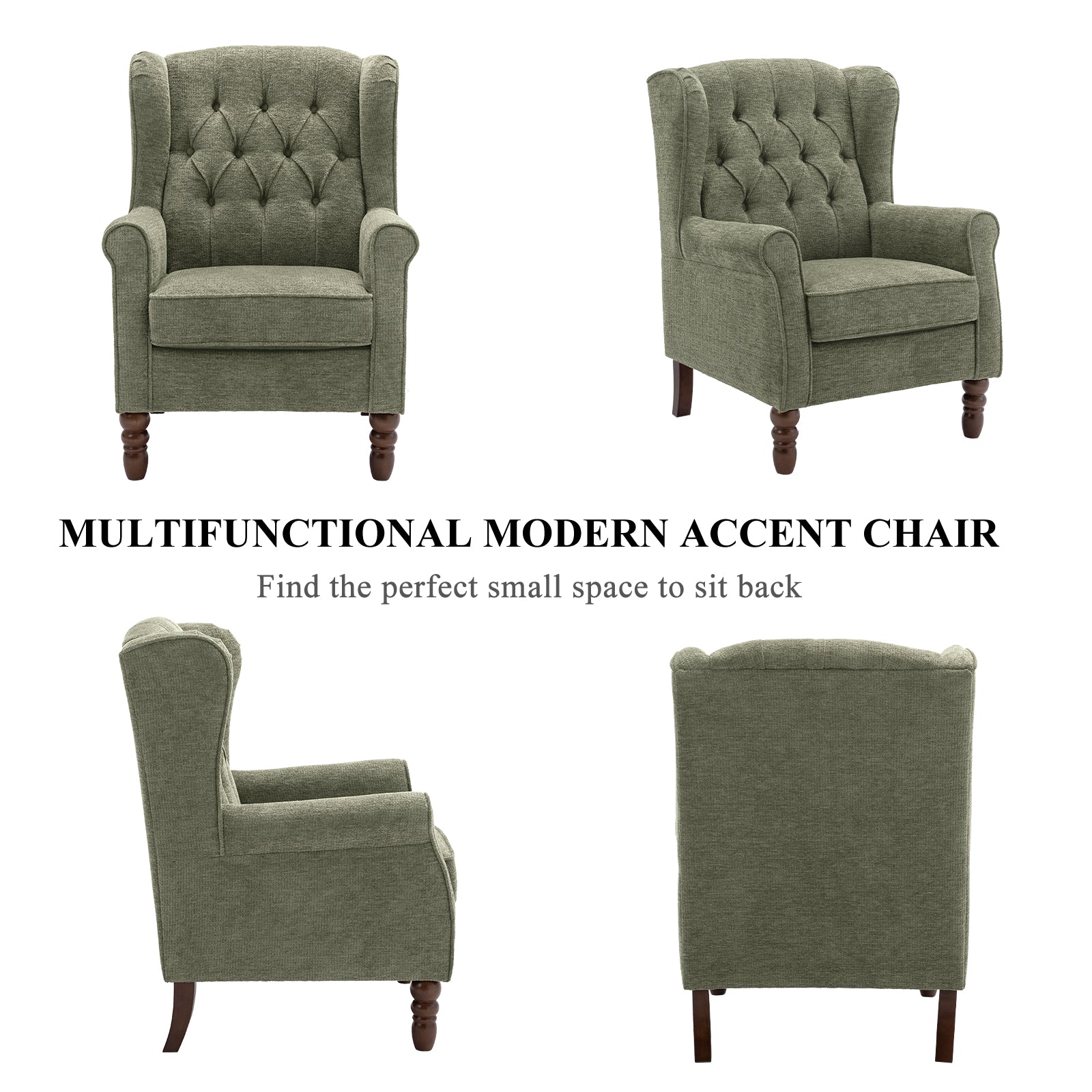 AFO Button-Tufted Wingback Accent Chair, Modern Mid-Century Armchair with Thick Padded Seat, Rolled Arm & Solid Wood Legs, For Bedroom/Office/Living Room