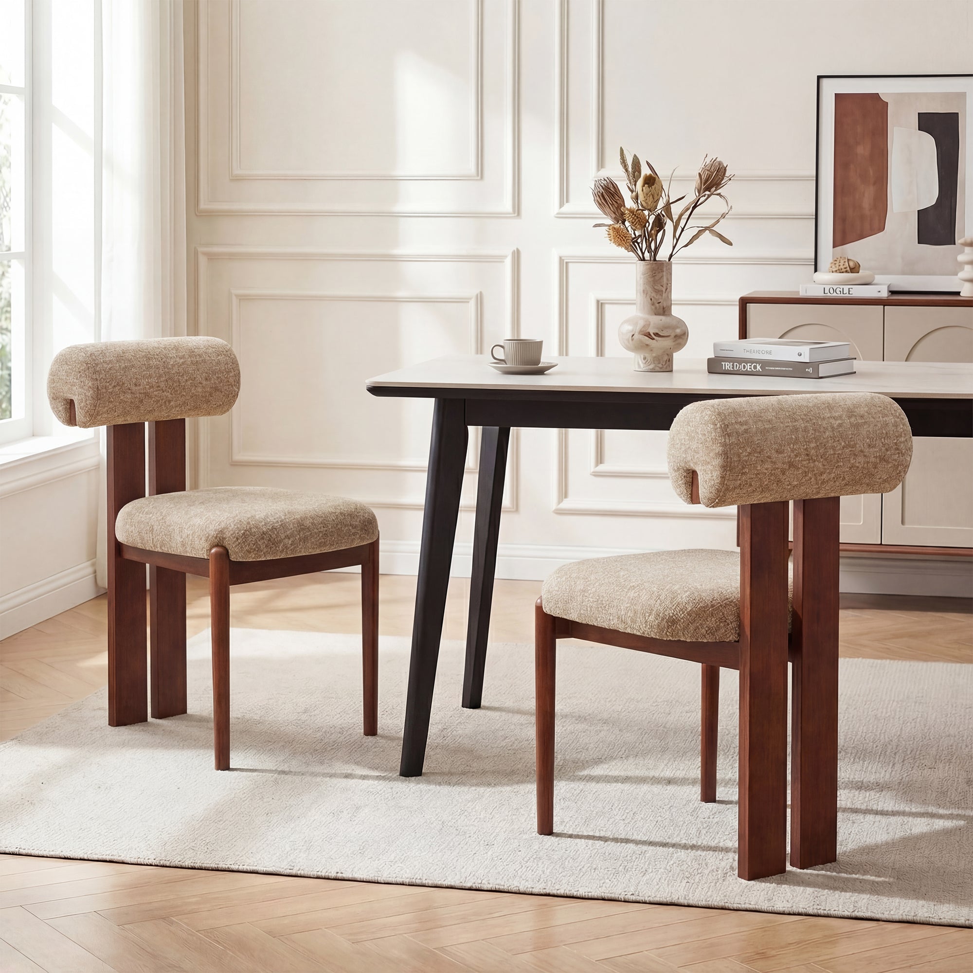 AFO Upholstered Modern Dining Chair with Roll Backrest & Wooden Legs, Kitchen Desk Side Chair for Dining Room and Restaurant