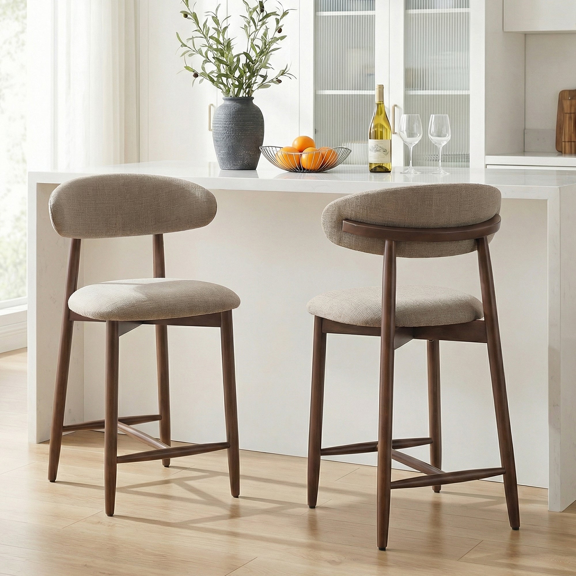 AFO 26" Counter Height Bar Stools, Kitchen Bar Stools With Curved Back & Wood Legs, Mid Century Modern Upholstered, For Kitchen Island Dining Room