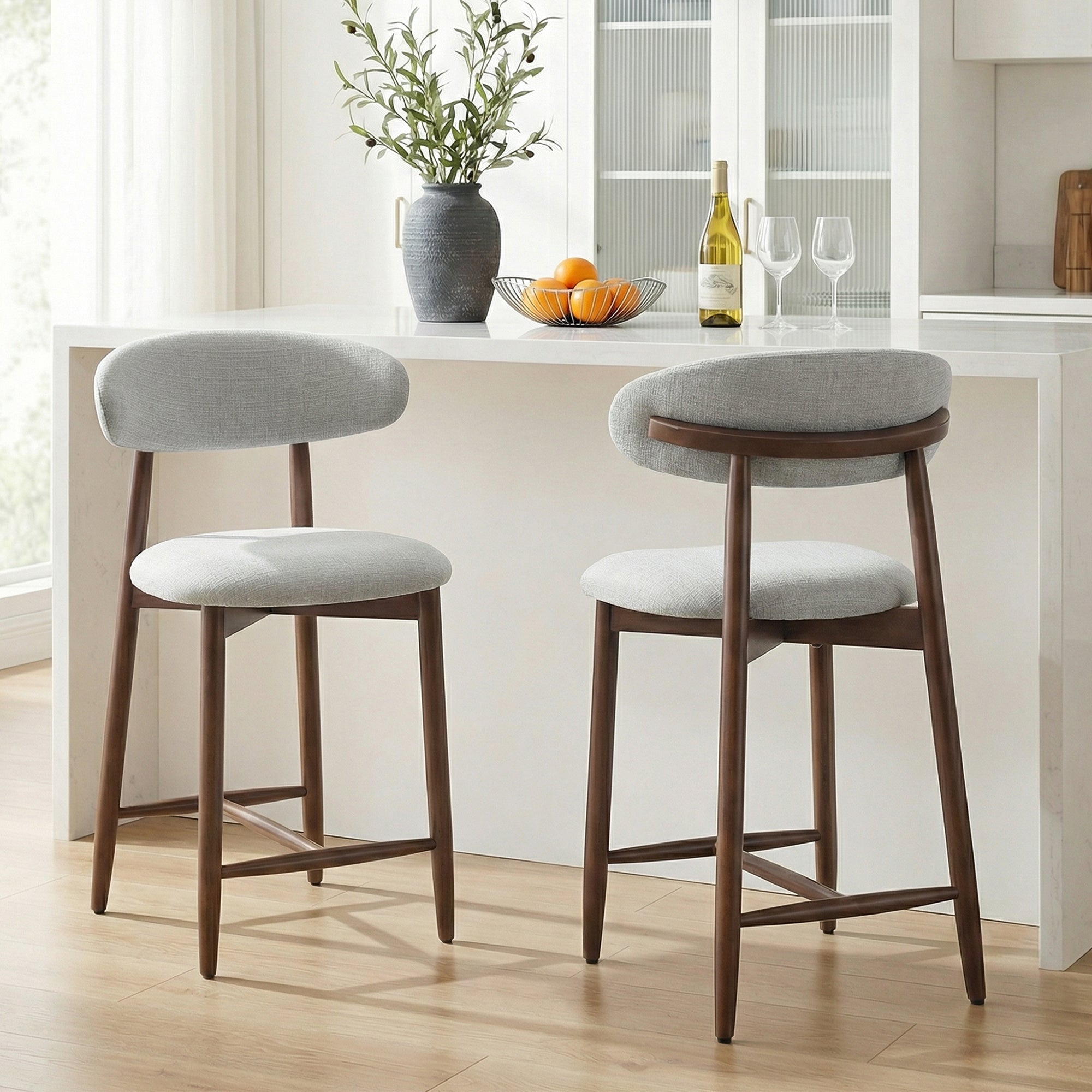 AFO 26" Counter Height Bar Stools, Kitchen Bar Stools With Curved Back & Wood Legs, Mid Century Modern Upholstered, For Kitchen Island Dining Room