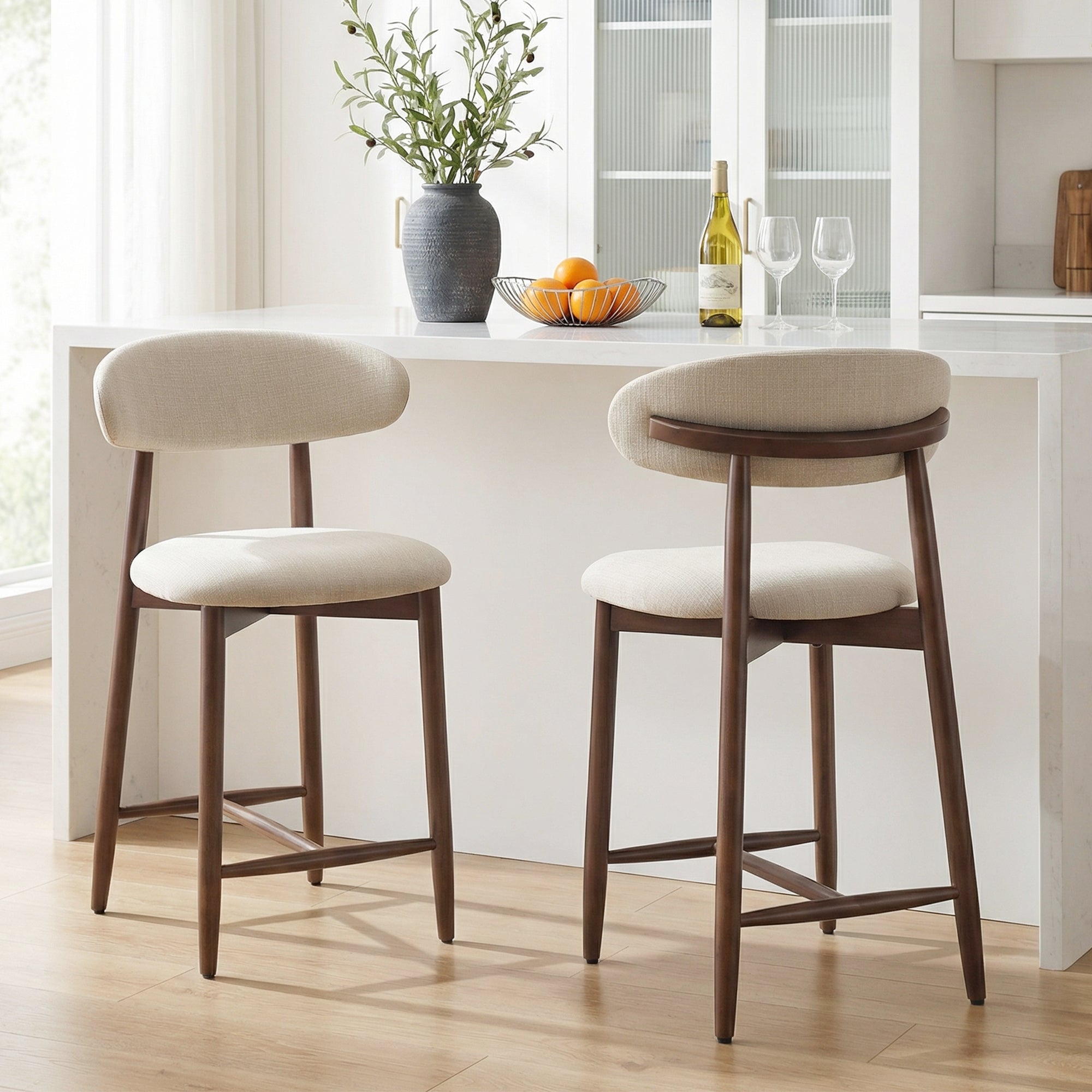 AFO 26" Counter Height Bar Stools, Kitchen Bar Stools With Curved Back & Wood Legs, Mid Century Modern Upholstered, For Kitchen Island Dining Room