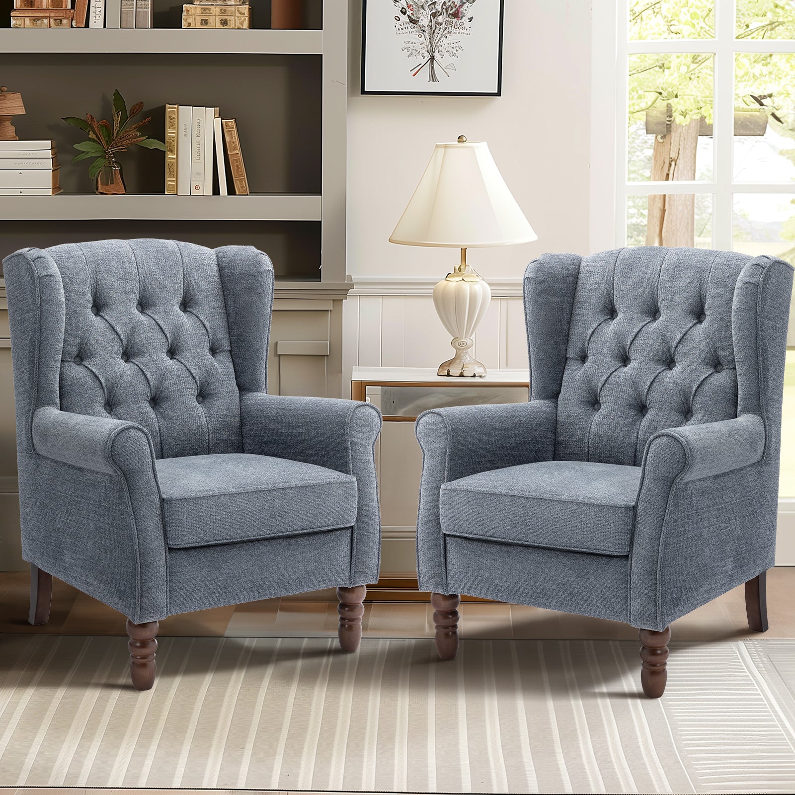 AFO Button-Tufted Wingback Accent Chair, Modern Mid-Century Armchair with Thick Padded Seat, Rolled Arm & Solid Wood Legs, For Bedroom/Office/Living Room