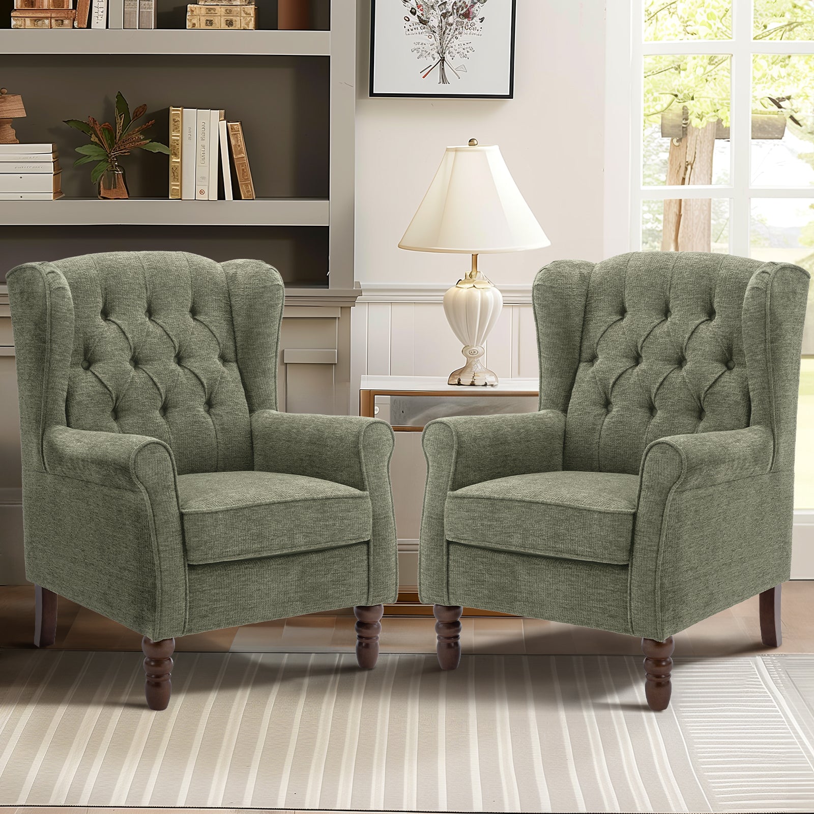 AFO Button-Tufted Wingback Accent Chair, Modern Mid-Century Armchair with Thick Padded Seat, Rolled Arm & Solid Wood Legs, For Bedroom/Office/Living Room