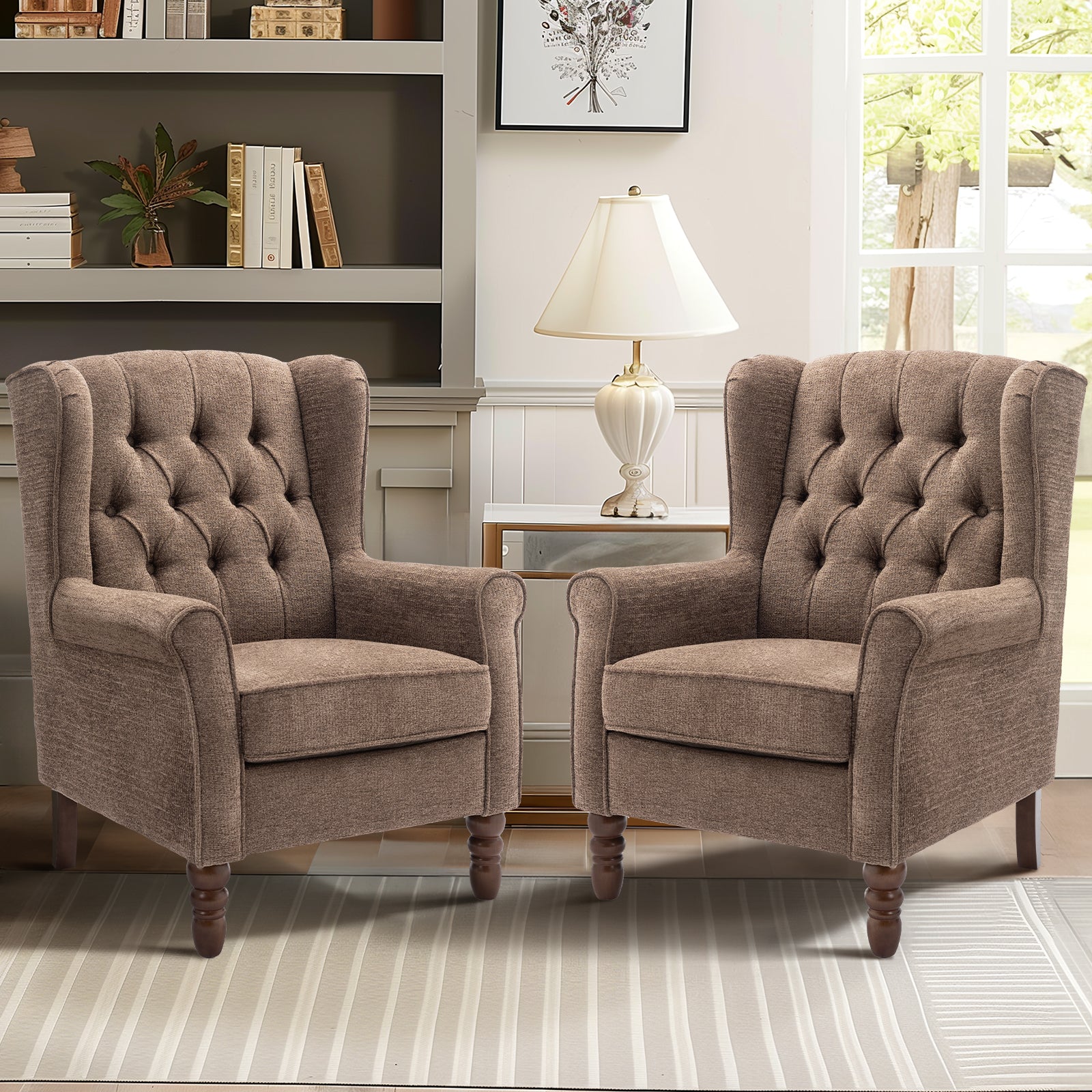 AFO Button-Tufted Wingback Accent Chair, Modern Mid-Century Armchair with Thick Padded Seat, Rolled Arm & Solid Wood Legs, For Bedroom/Office/Living Room