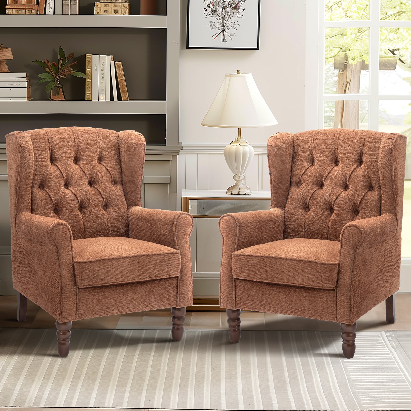 AFO Button-Tufted Wingback Accent Chair, Modern Mid-Century Armchair with Thick Padded Seat, Rolled Arm & Solid Wood Legs, For Bedroom/Office/Living Room