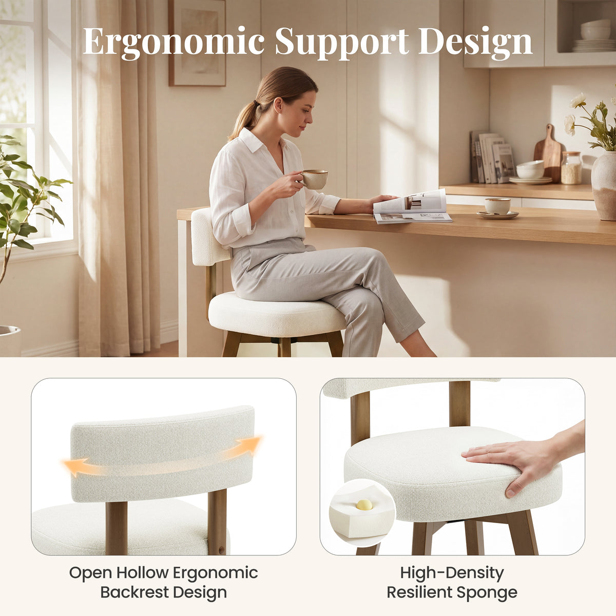 AFO Modern Swivel Bar Stools, Upholstered Counter Height Bar Stools with Solid Wood Frame & Gold-Plated Footrest, Mid-Century Bar Chairs with Back for Kitchen Island