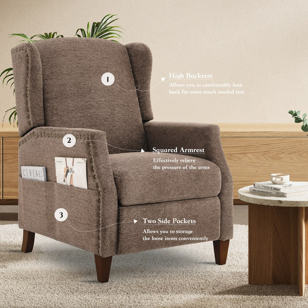 AFO Push-Back Recliner with Side Pockets, Solid Wood Ergonomic Armchair for Living Room and Bedroom