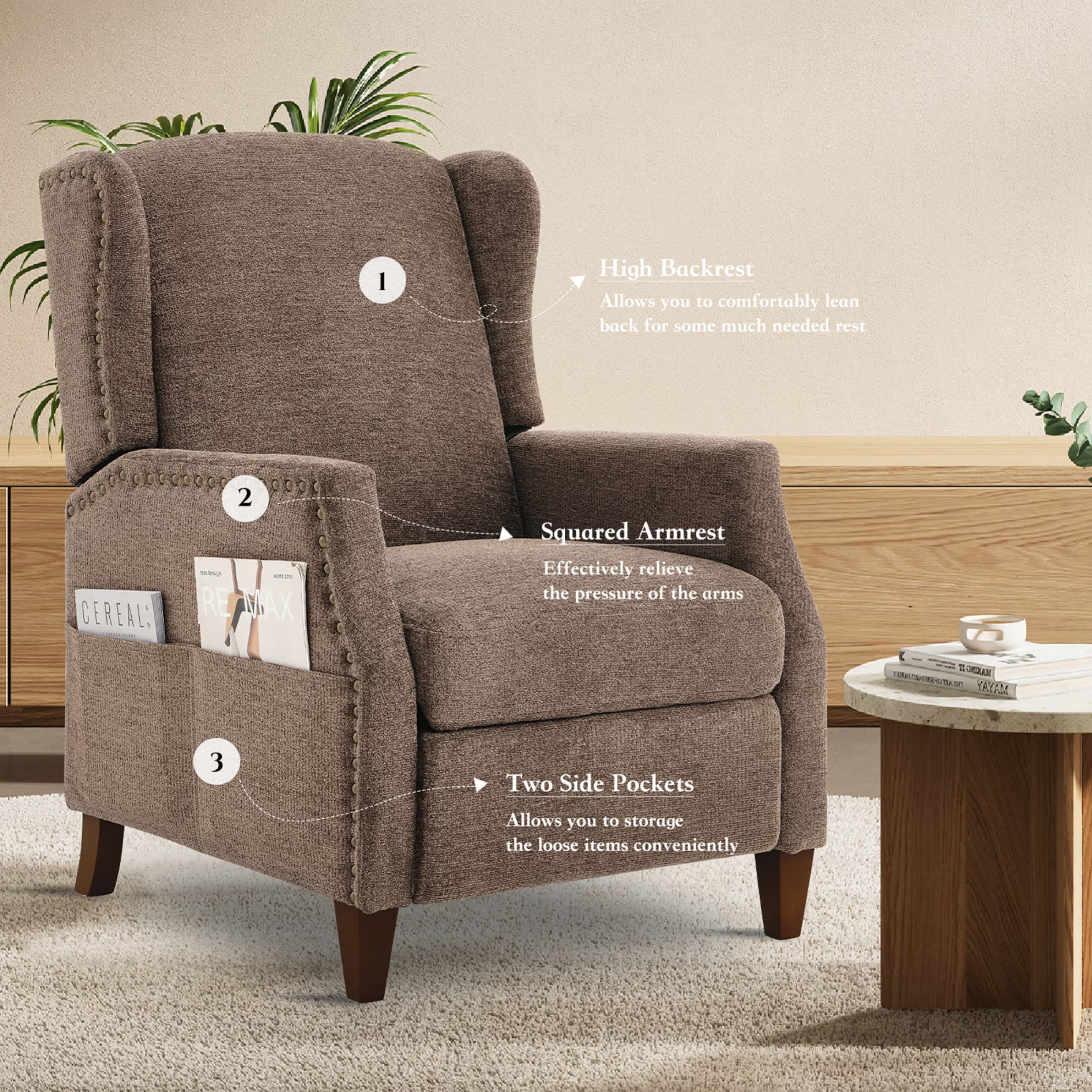 AFO Push-Back Recliner with Side Pockets, Solid Wood Ergonomic Armchair for Living Room and Bedroom
