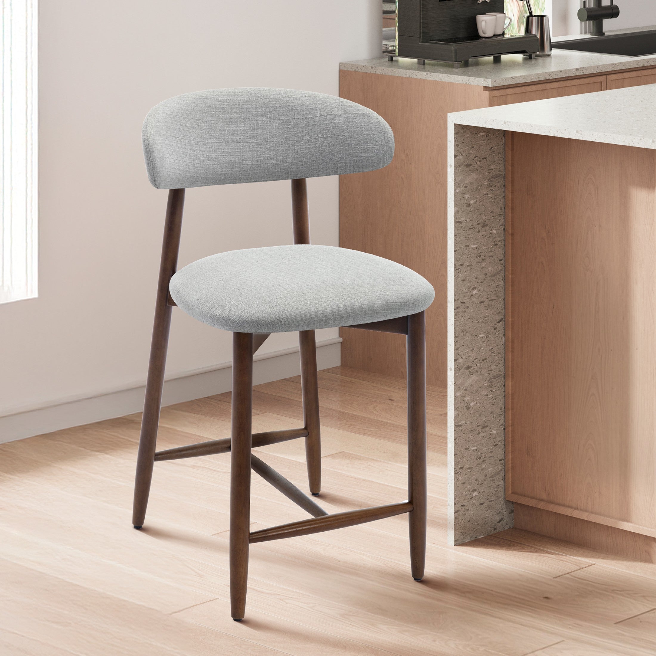 AFO 26" Counter Height Bar Stools, Kitchen Bar Stools With Curved Back & Wood Legs, Mid Century Modern Upholstered, For Kitchen Island Dining Room