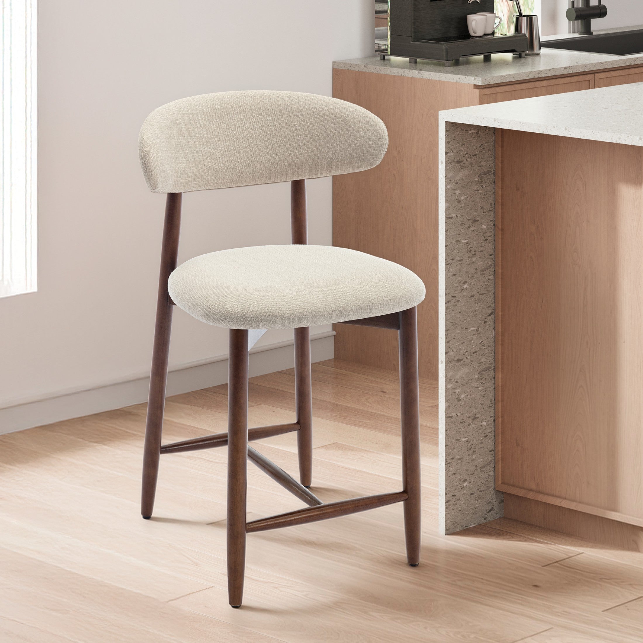 AFO 26" Counter Height Bar Stools, Kitchen Bar Stools With Curved Back & Wood Legs, Mid Century Modern Upholstered, For Kitchen Island Dining Room