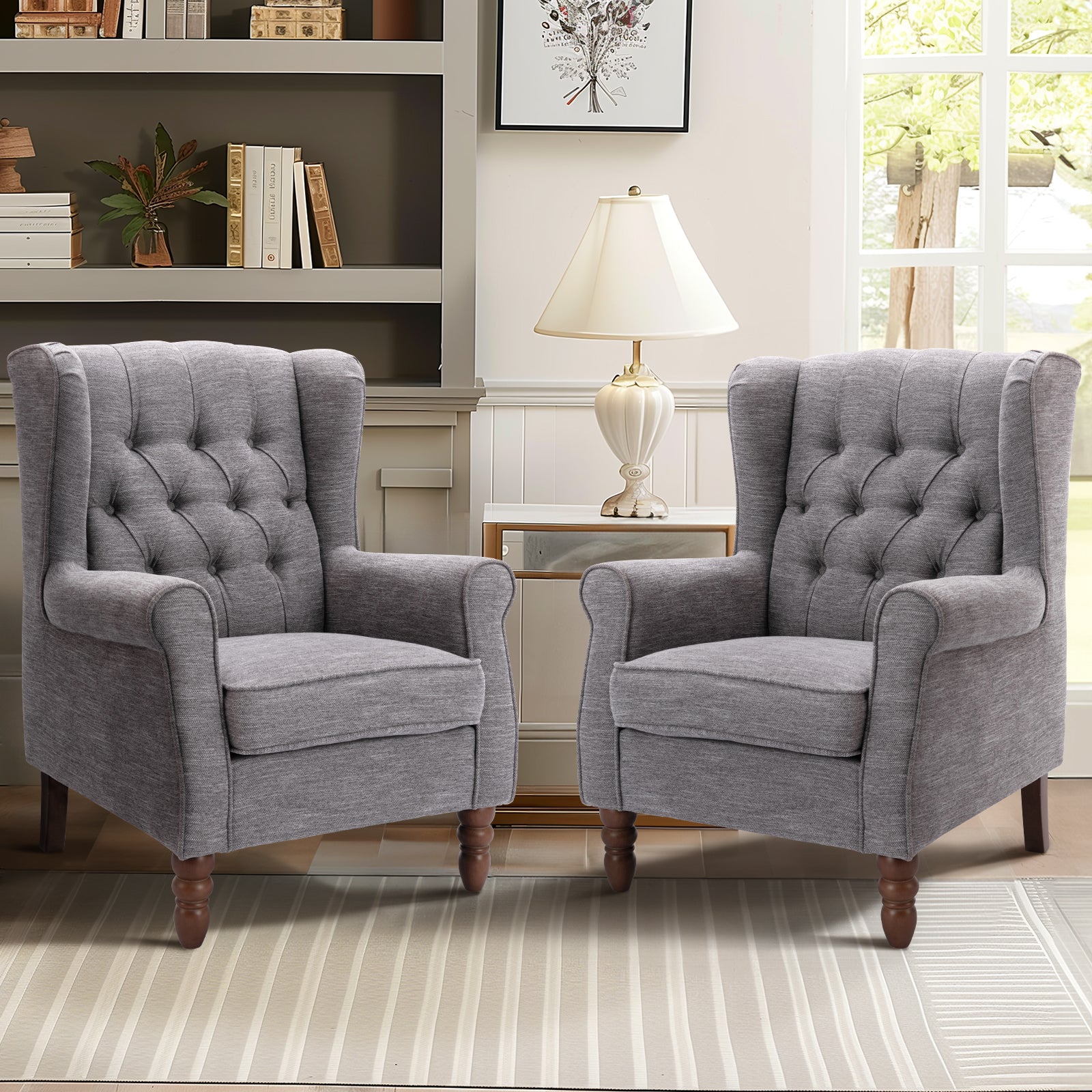 AFO Button-Tufted Wingback Accent Chair, Modern Mid-Century Armchair with Thick Padded Seat, Rolled Arm & Solid Wood Legs, For Bedroom/Office/Living Room