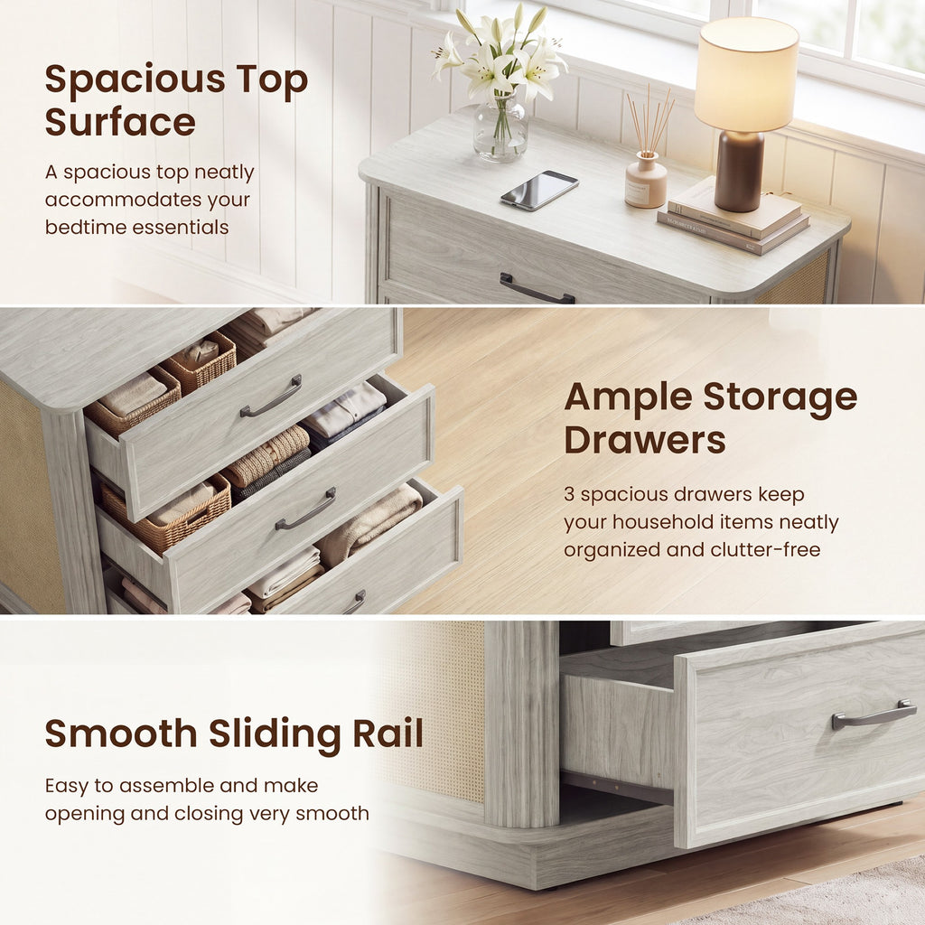 AFO 31.5" W 3-Drawer Nightstand with Oversized Large Storage, Modern Night Stands Bedside Table with Stylish Metal Handles, Wood End Table for Bedroom, Living Room